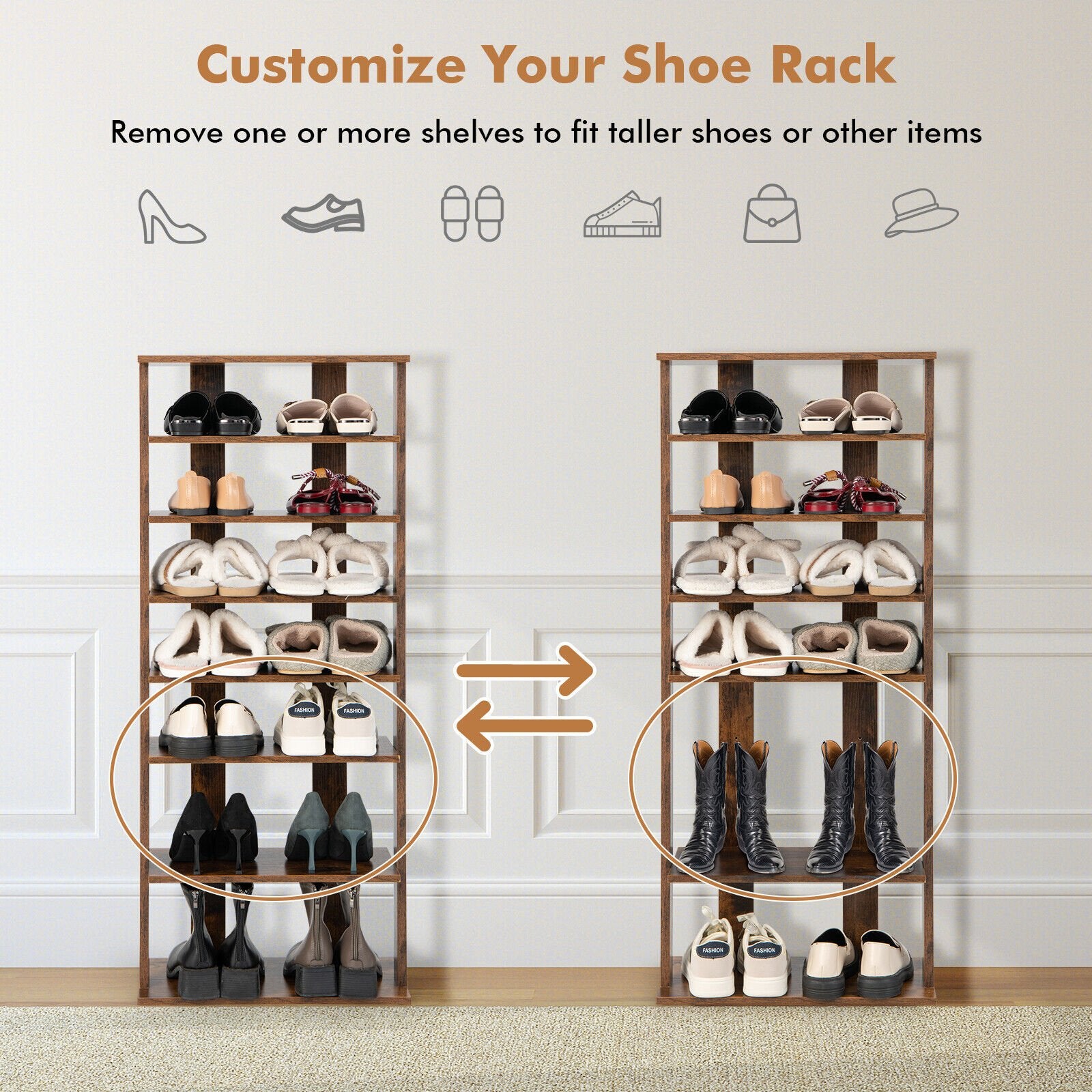 7 Tiers Vertical Shoe Rack for Front Door, Rustic Brown Shoe Racks & Storage Benches   at Gallery Canada