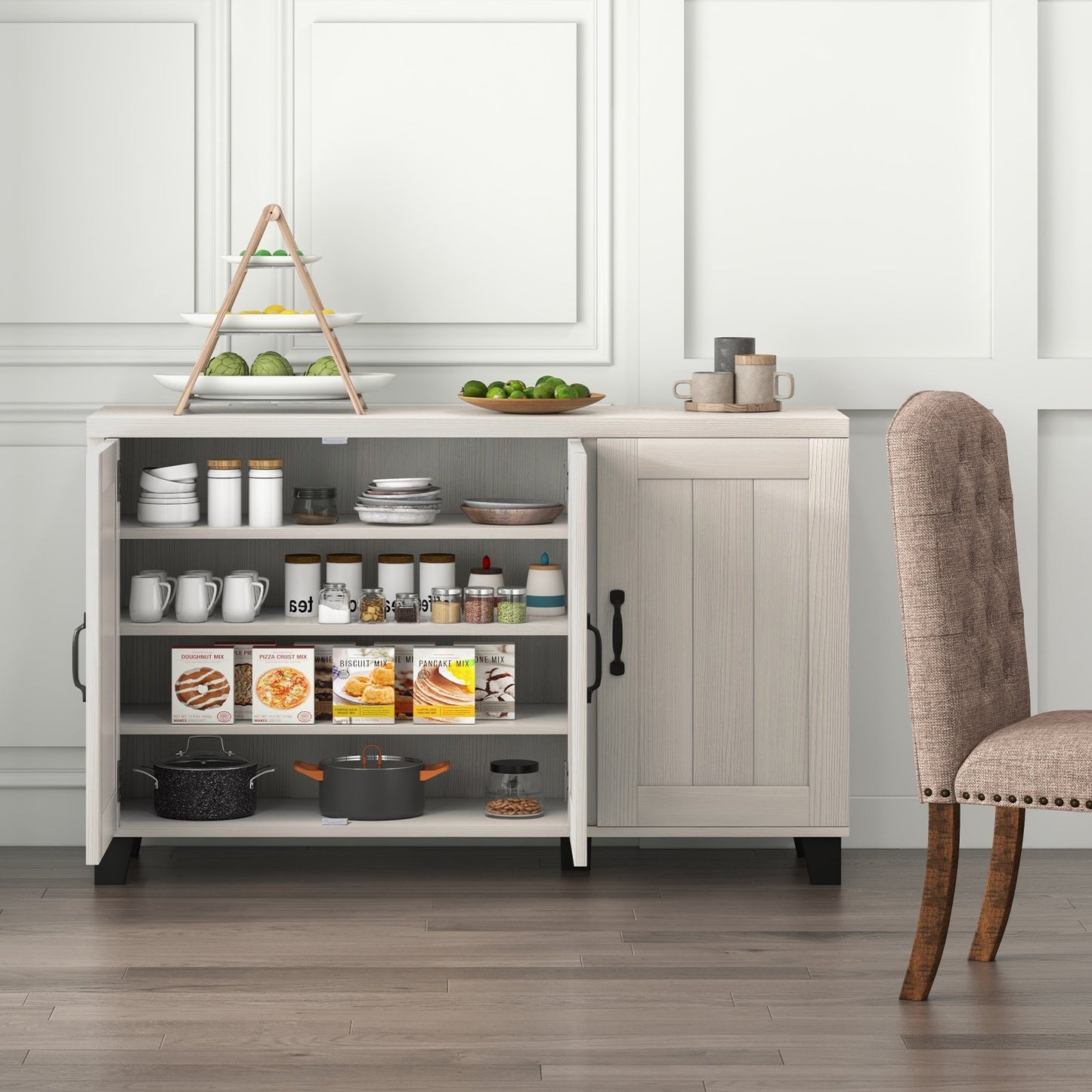 3-Door Buffet Sideboard with Adjustable Shelves and Anti-Tipping Kits-White Wash, White Sideboards Cabinets & Buffets   at Gallery Canada