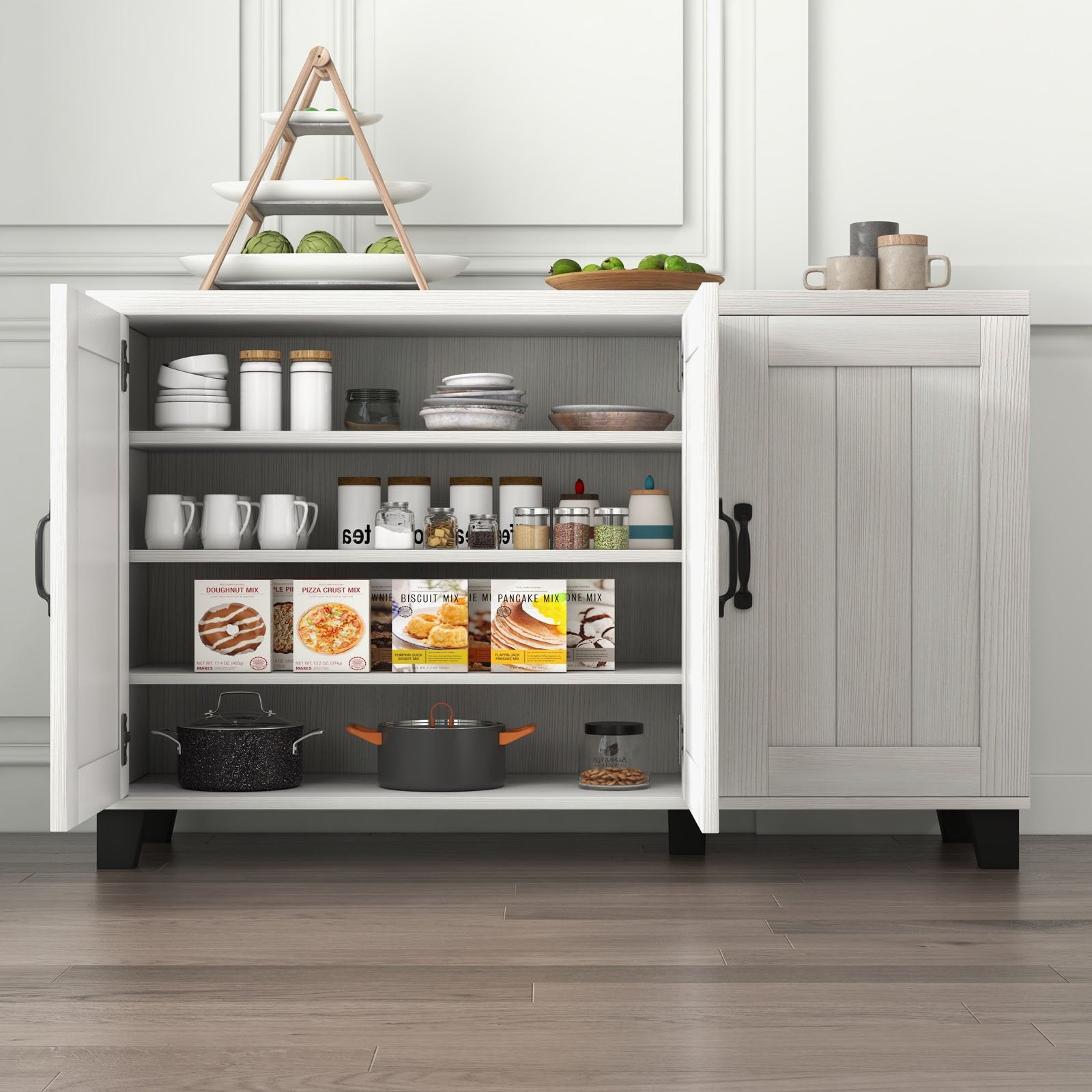 3-Door Buffet Sideboard with Adjustable Shelves and Anti-Tipping Kits-White Wash, White Sideboards Cabinets & Buffets   at Gallery Canada