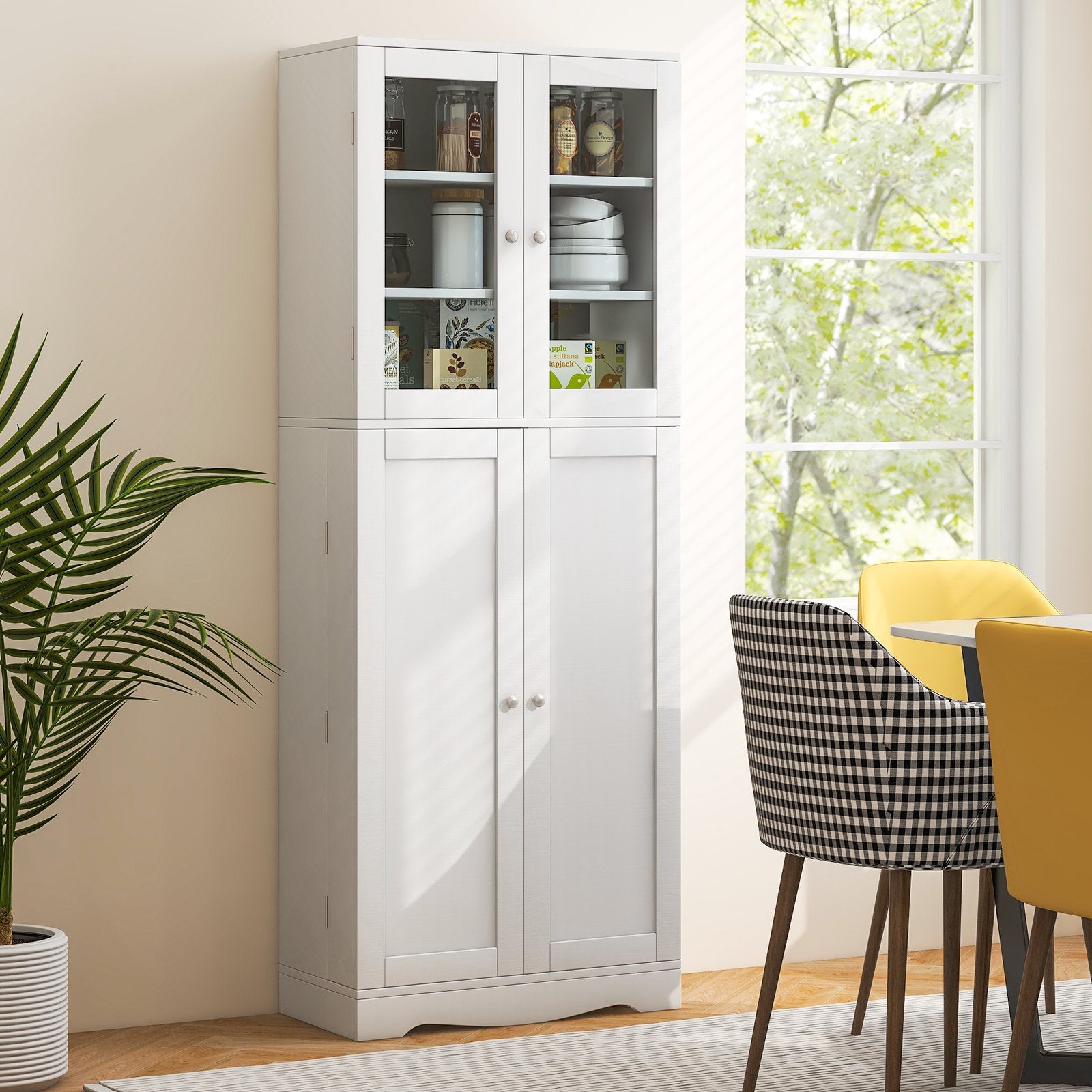 Tall Kitchen Pantry Cabinet with Dual Tempered Glass Doors and Shelves, White Sideboards Cabinets & Buffets   at Gallery Canada