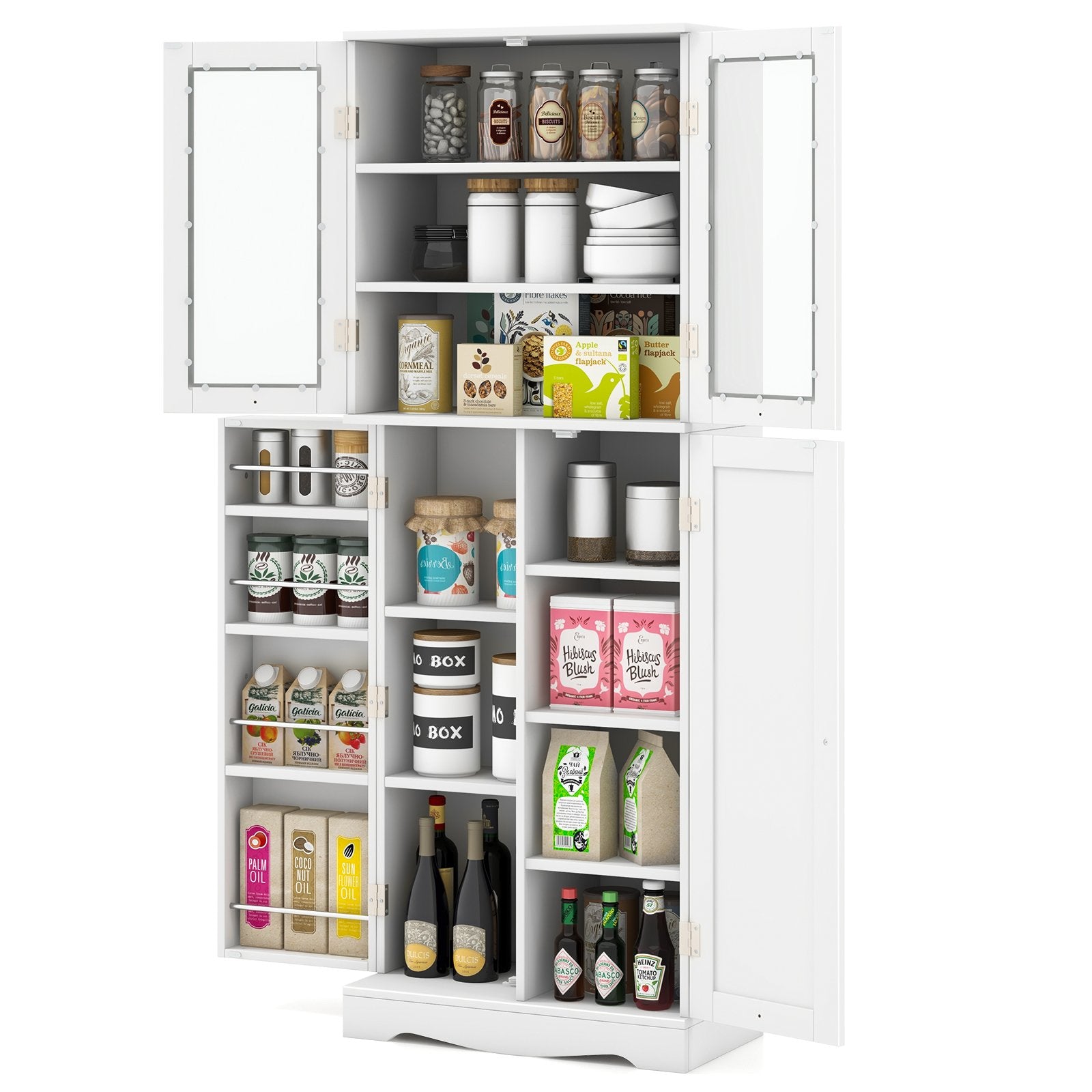 Tall Kitchen Pantry Cabinet with Dual Tempered Glass Doors and Shelves, White Sideboards Cabinets & Buffets   at Gallery Canada