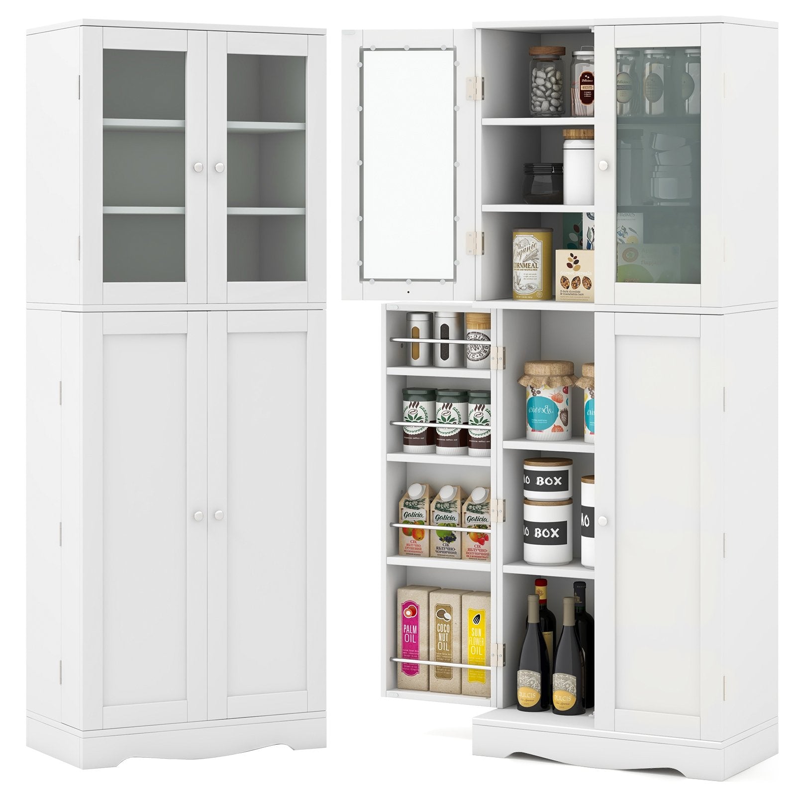 Tall Kitchen Pantry Cabinet with Dual Tempered Glass Doors and Shelves, White Sideboards Cabinets & Buffets   at Gallery Canada