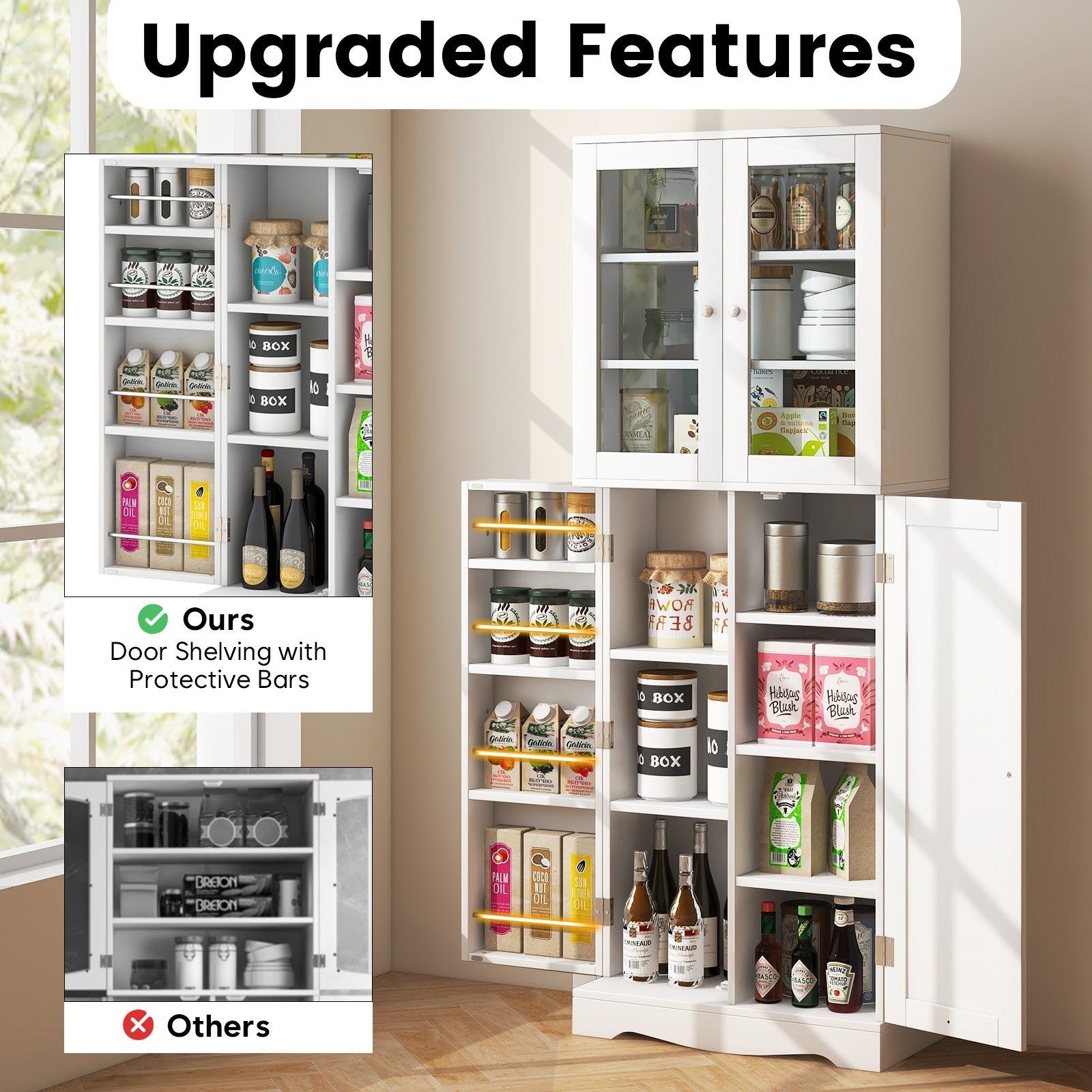 Tall Kitchen Pantry Cabinet with Dual Tempered Glass Doors and Shelves, White Sideboards Cabinets & Buffets   at Gallery Canada