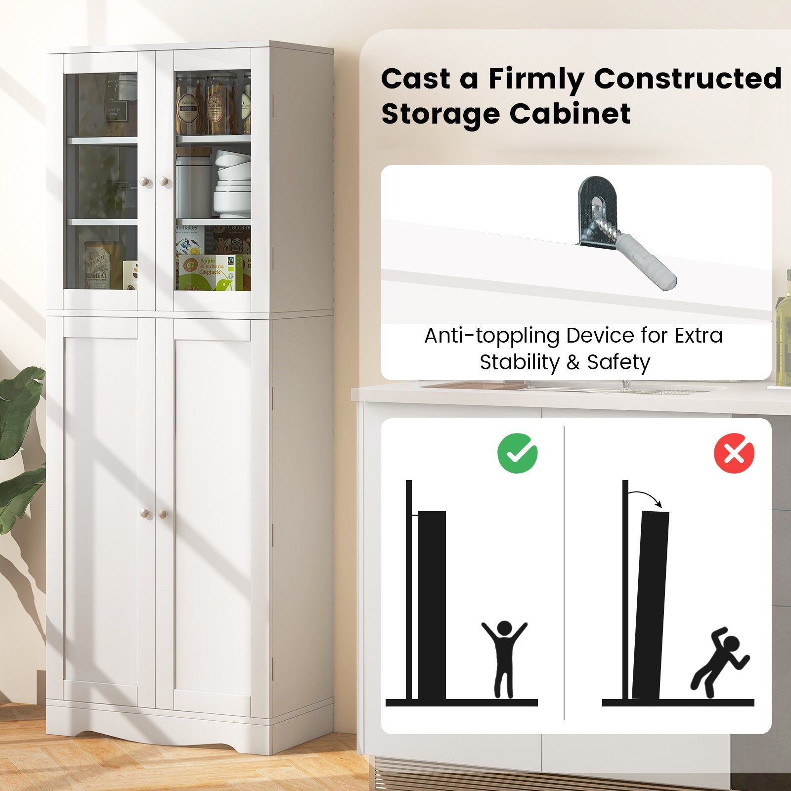 Tall Kitchen Pantry Cabinet with Dual Tempered Glass Doors and Shelves, White Sideboards Cabinets & Buffets   at Gallery Canada