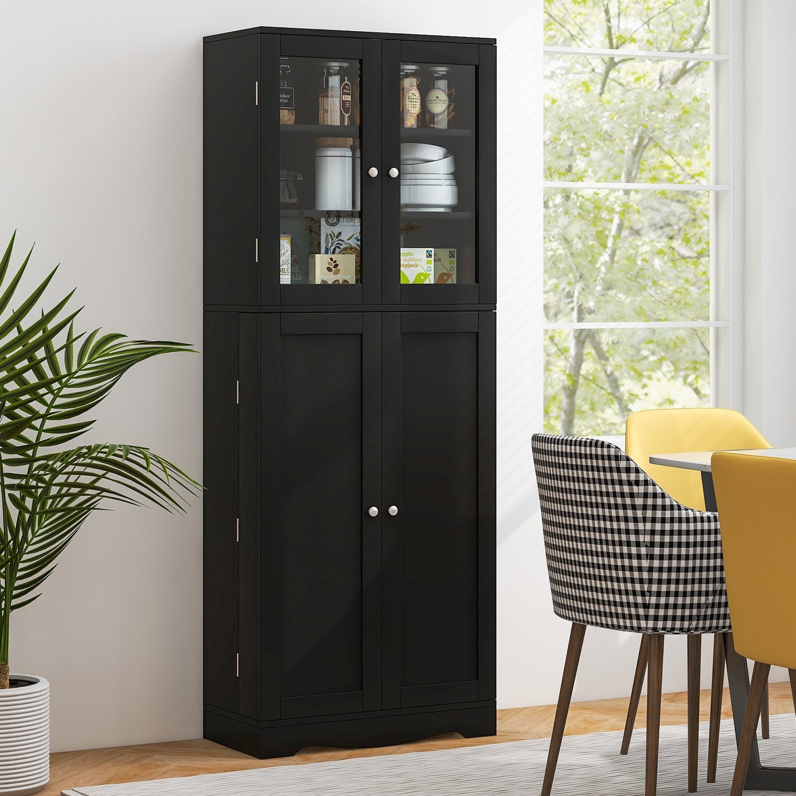 Tall Kitchen Pantry Cabinet with Dual Tempered Glass Doors and Shelves, Black Sideboards Cabinets & Buffets   at Gallery Canada