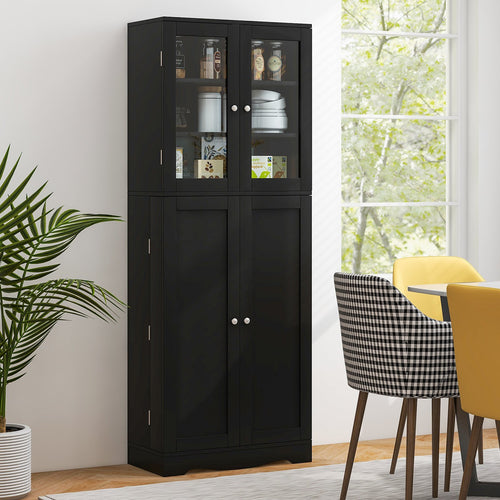 Tall Kitchen Pantry Cabinet with Dual Tempered Glass Doors and Shelves, Black