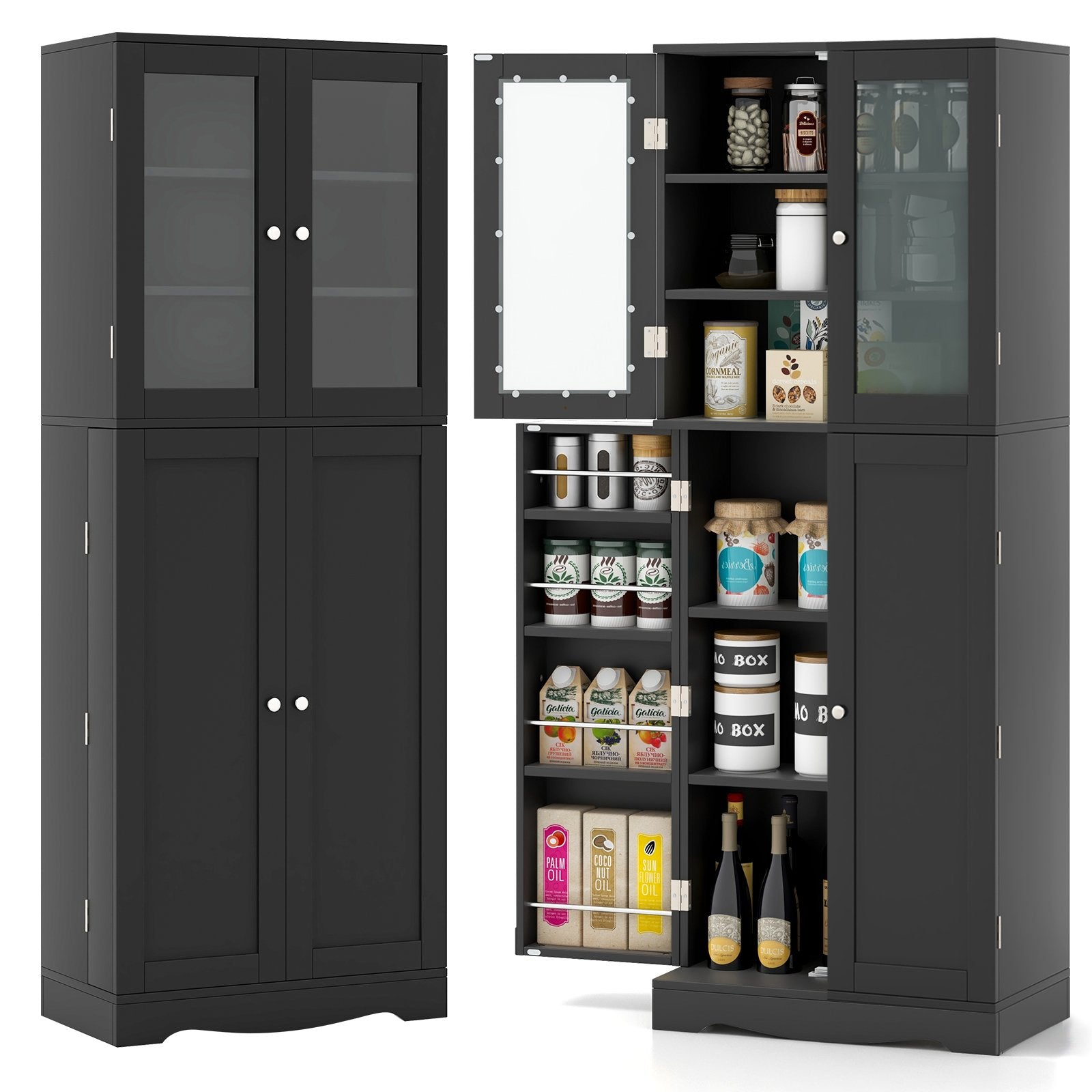 Tall Kitchen Pantry Cabinet with Dual Tempered Glass Doors and Shelves, Black Sideboards Cabinets & Buffets   at Gallery Canada