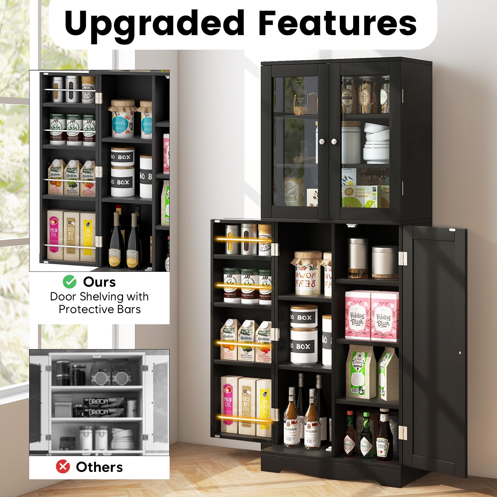 Tall Kitchen Pantry Cabinet with Dual Tempered Glass Doors and Shelves, Black Sideboards Cabinets & Buffets   at Gallery Canada