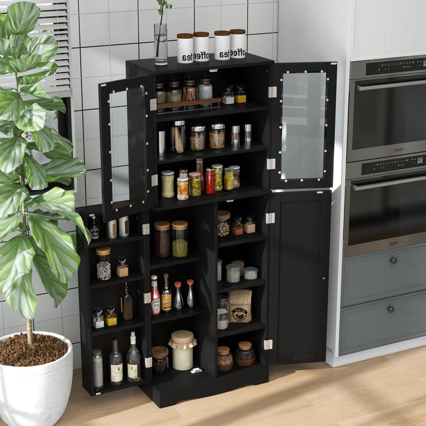 Tall Kitchen Pantry Cabinet with Dual Tempered Glass Doors and Shelves, Black Sideboards Cabinets & Buffets   at Gallery Canada