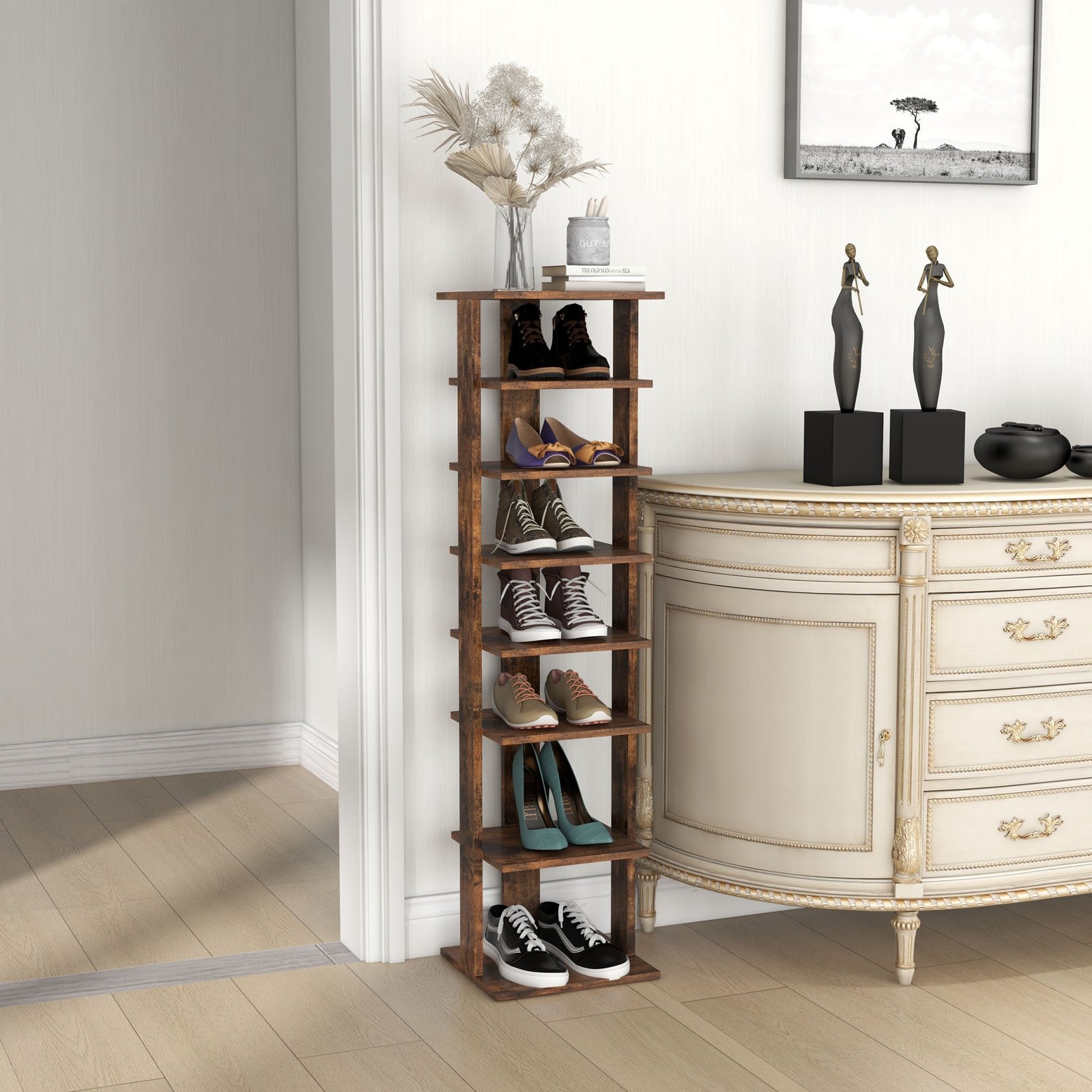 Wooden Shoes Storage Stand 7 Tiers Shoe Rack Organizer Multi-shoe Rack Shoebox, Rustic Brown - Gallery Canada