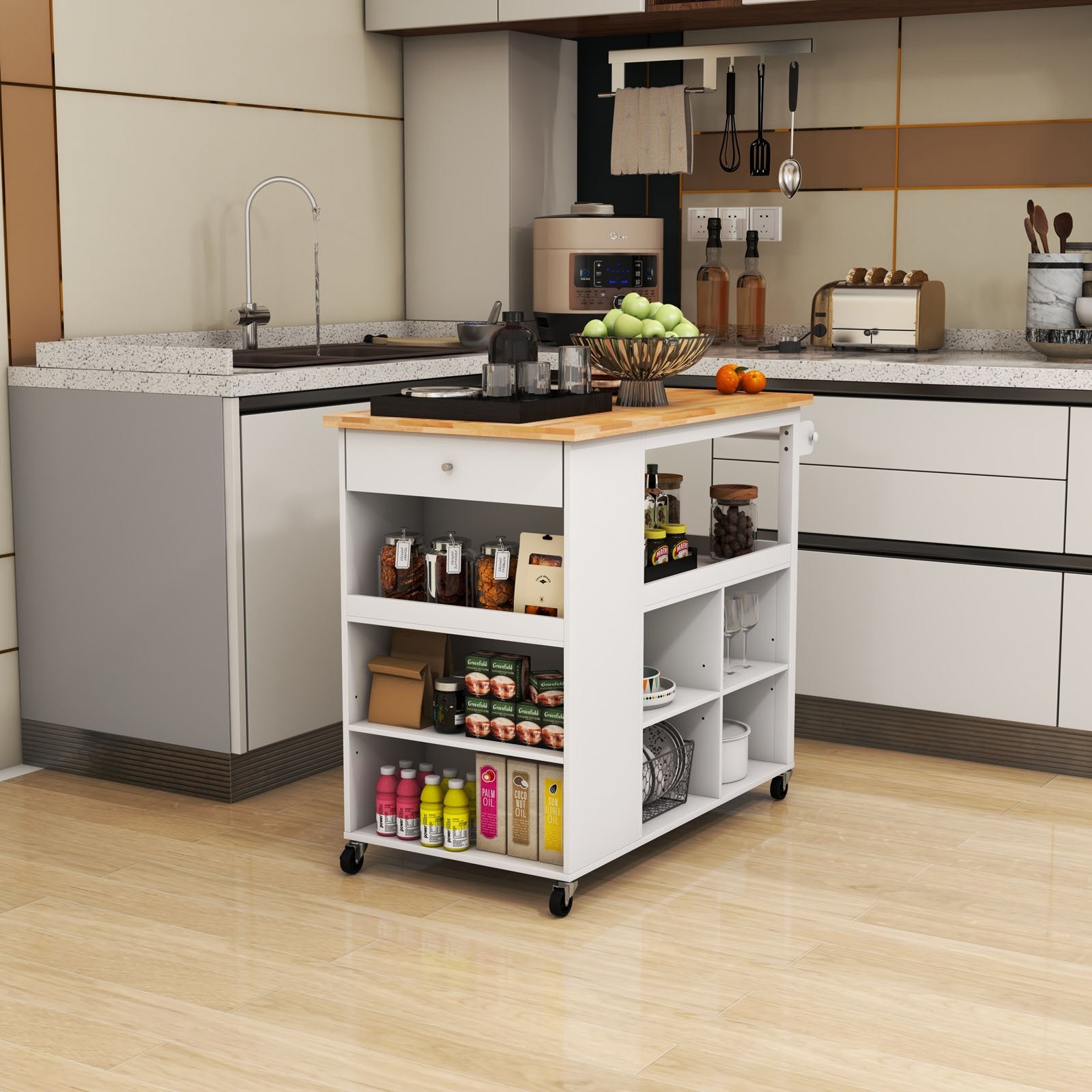 Kitchen Island Trolley Cart on Wheels with Storage Open Shelves and Drawer, White Kitchen Islands & Carts   at Gallery Canada