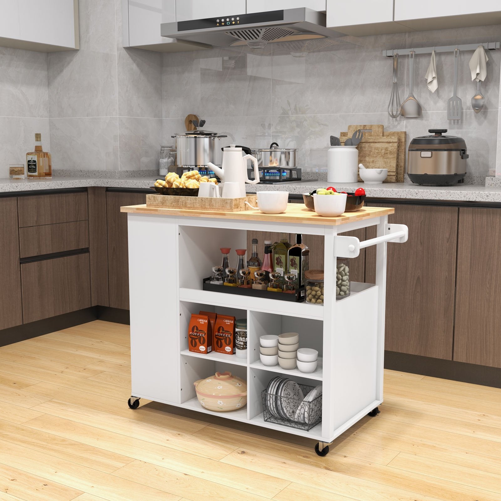 Kitchen Island Trolley Cart on Wheels with Storage Open Shelves and Drawer, White Kitchen Islands & Carts   at Gallery Canada