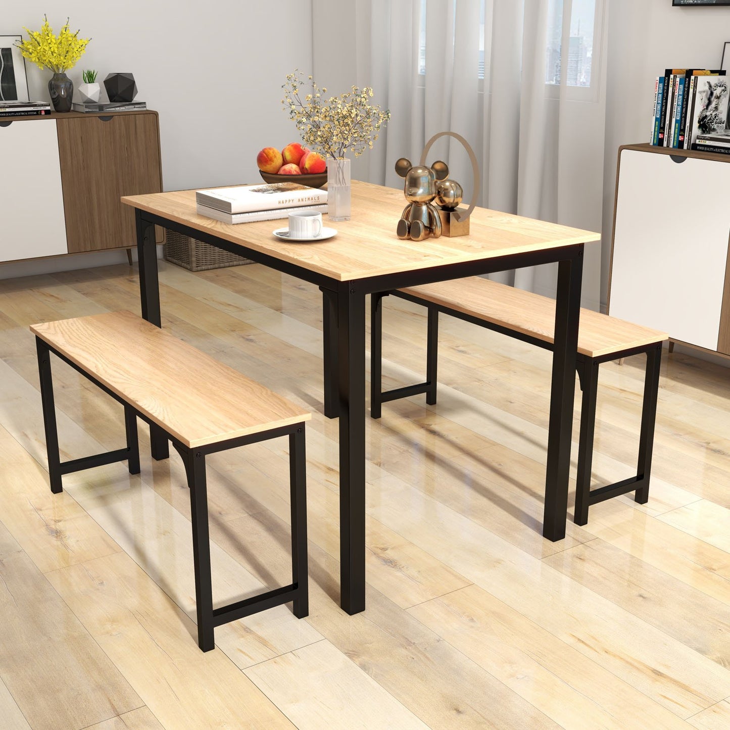 3 Pieces Dining Table Set with 2 Benches for Dining Room Kitchen Bar, Natural Dining Room Sets   at Gallery Canada