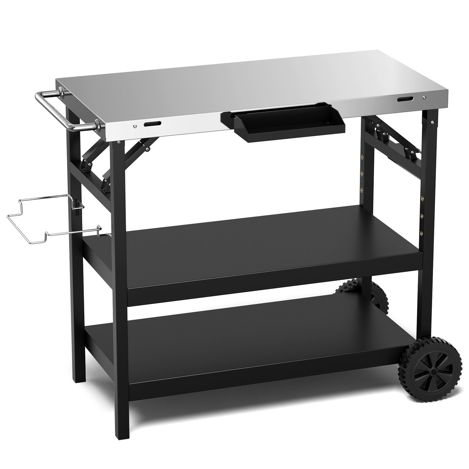 3 Tiers Foldable Outdoor Cart on 2 Wheels with Phone Holder, Black Outdoor Grills   at Gallery Canada