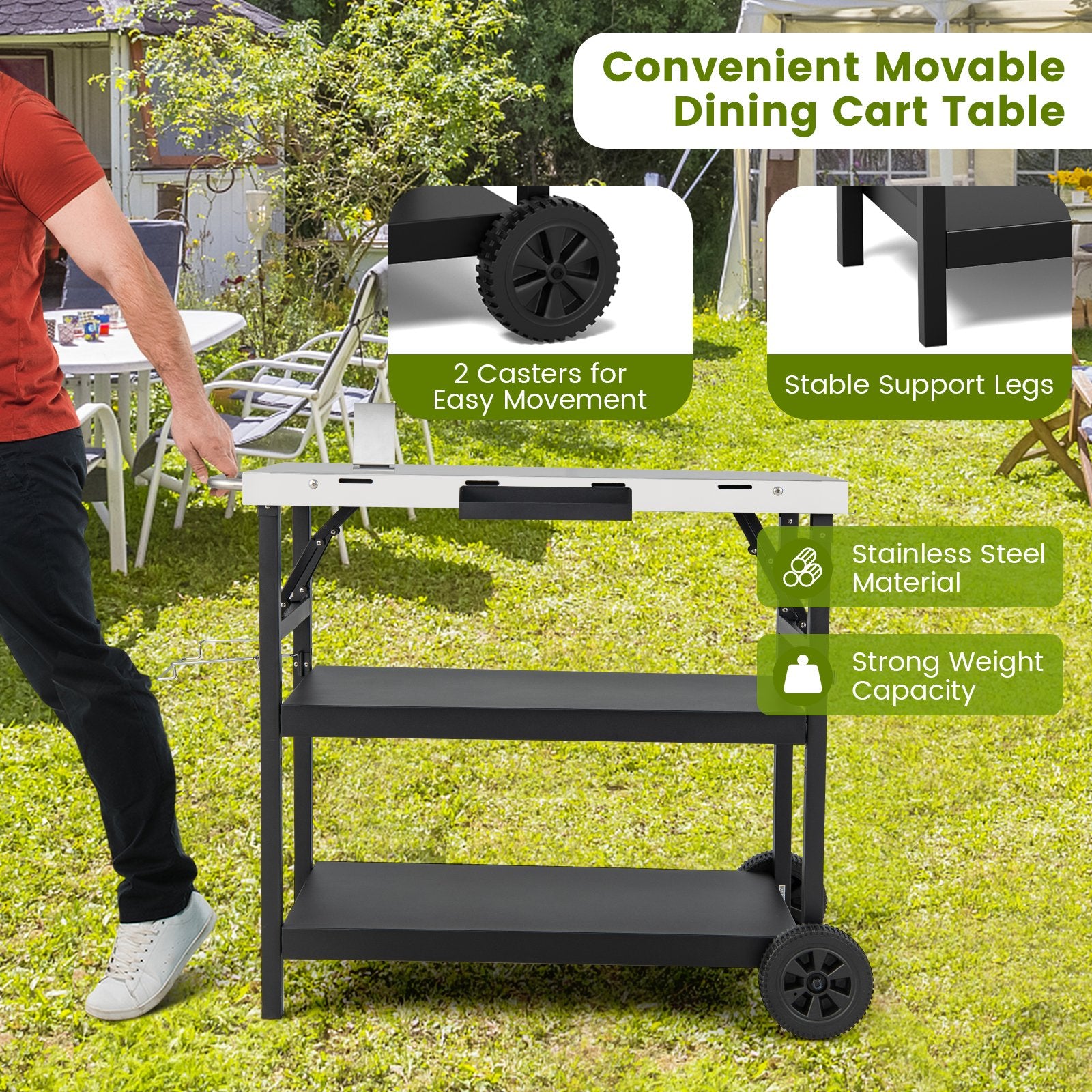 3 Tiers Foldable Outdoor Cart on 2 Wheels with Phone Holder, Black Outdoor Grills   at Gallery Canada