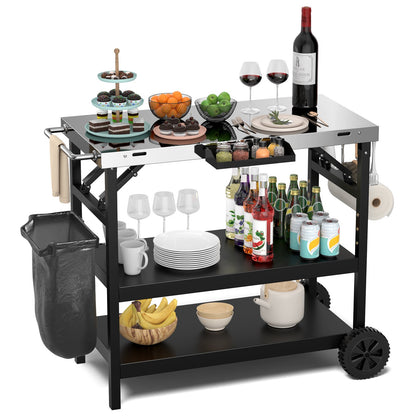 3 Tiers Foldable Outdoor Cart on 2 Wheels with Phone Holder, Black Outdoor Grills   at Gallery Canada