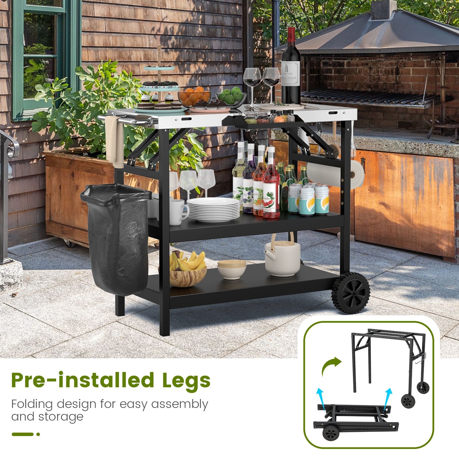 3 Tiers Foldable Outdoor Cart on 2 Wheels with Phone Holder, Black Outdoor Grills   at Gallery Canada