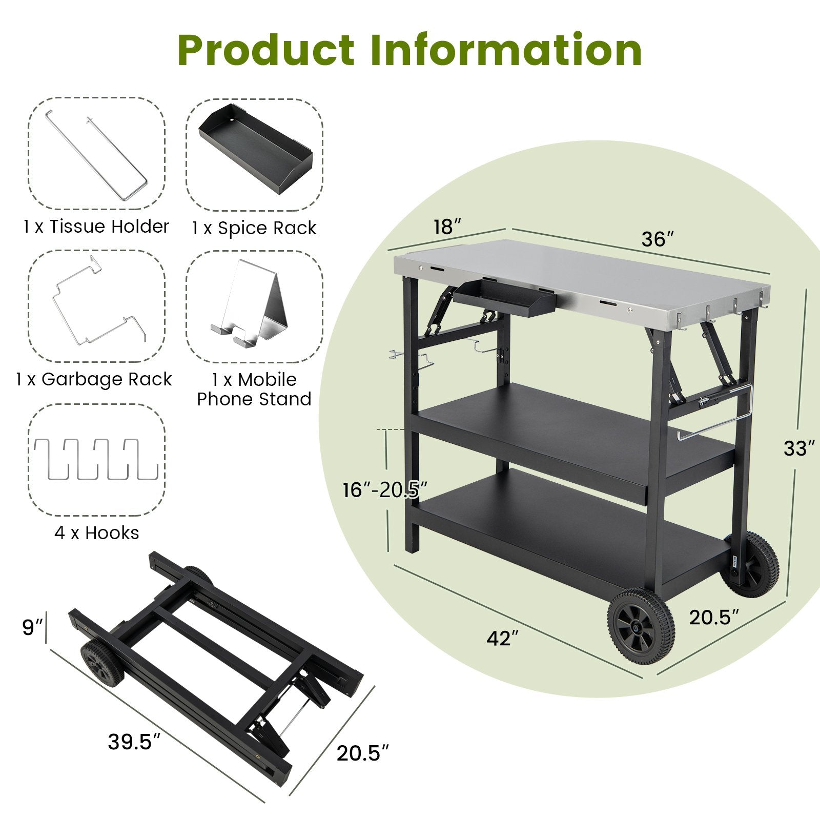 3 Tiers Foldable Outdoor Cart on 2 Wheels with Phone Holder, Black Outdoor Grills   at Gallery Canada