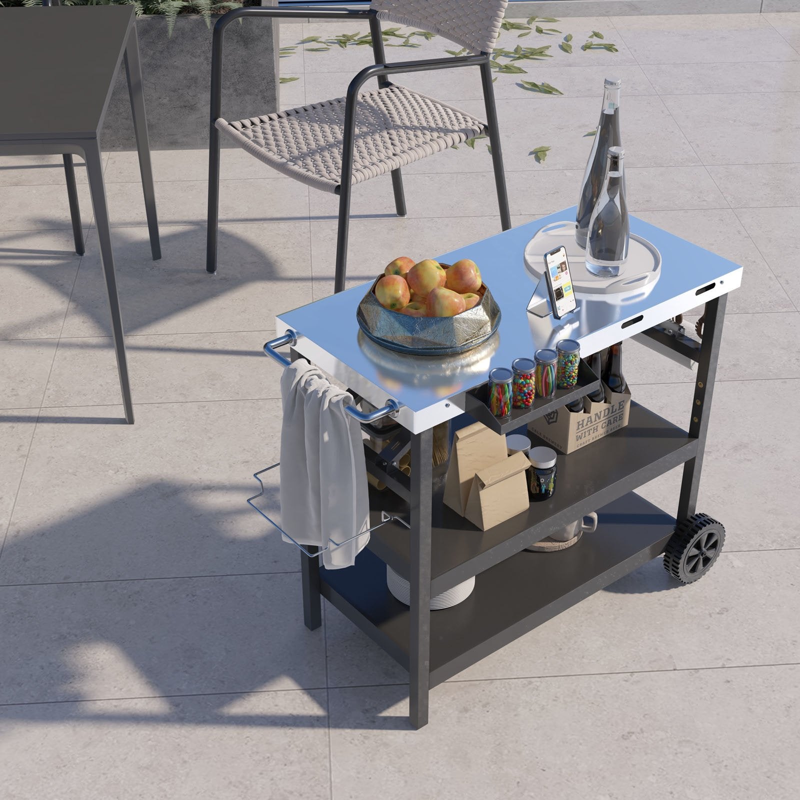 3 Tiers Foldable Outdoor Cart on 2 Wheels with Phone Holder, Black Outdoor Grills   at Gallery Canada