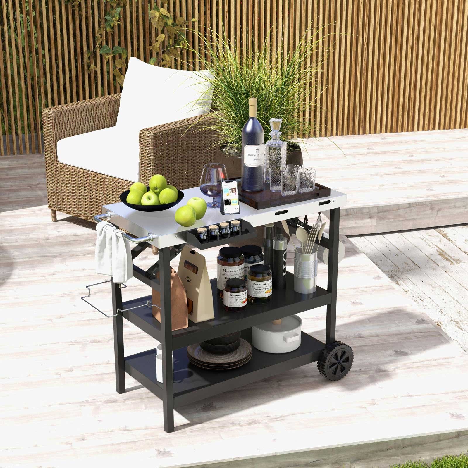 3 Tiers Foldable Outdoor Cart on 2 Wheels with Phone Holder, Black Outdoor Grills   at Gallery Canada