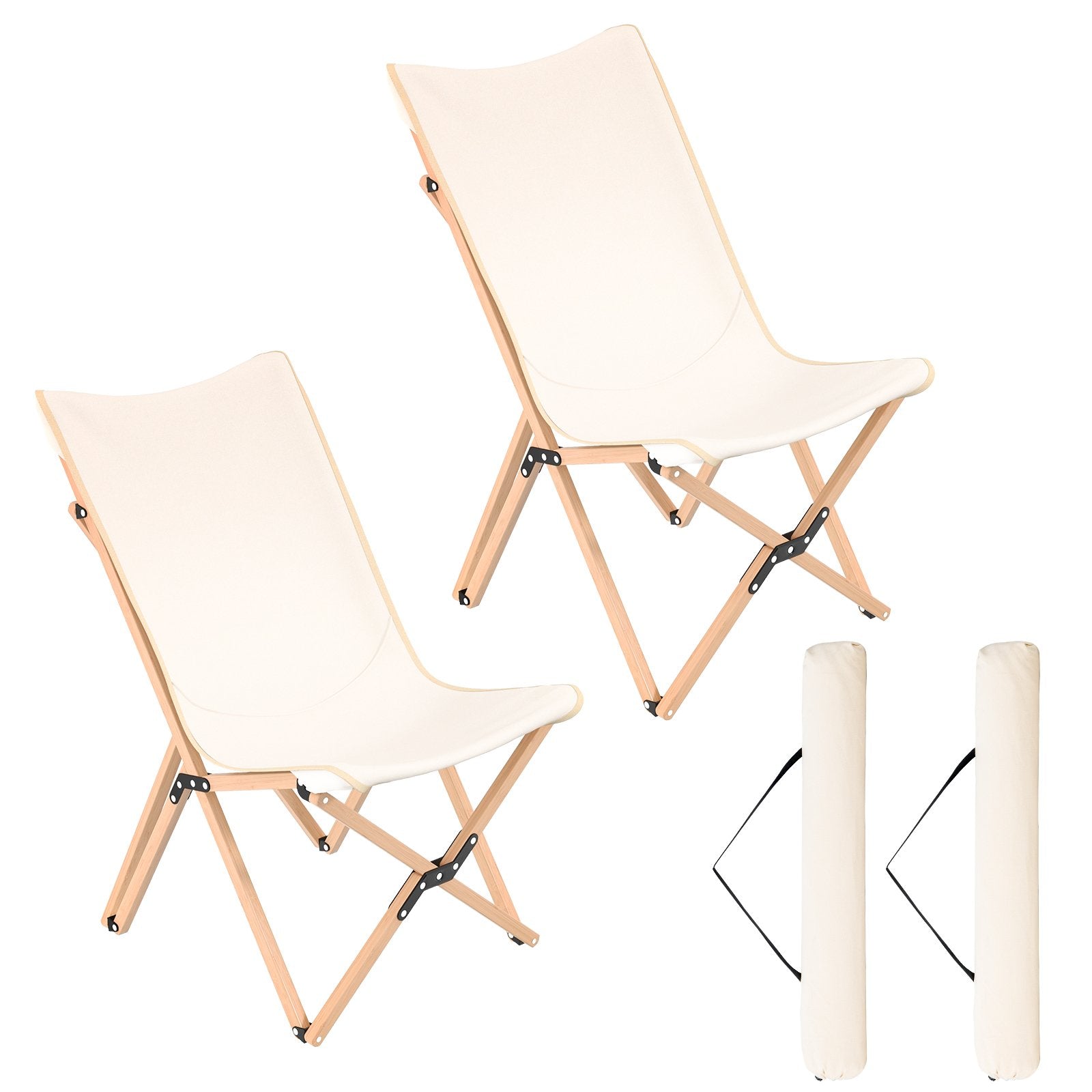 Set of 2 Bamboo Dorm Chair with Storage Pocket for Camping and Fishing, Beige Camping Furniture   at Gallery Canada