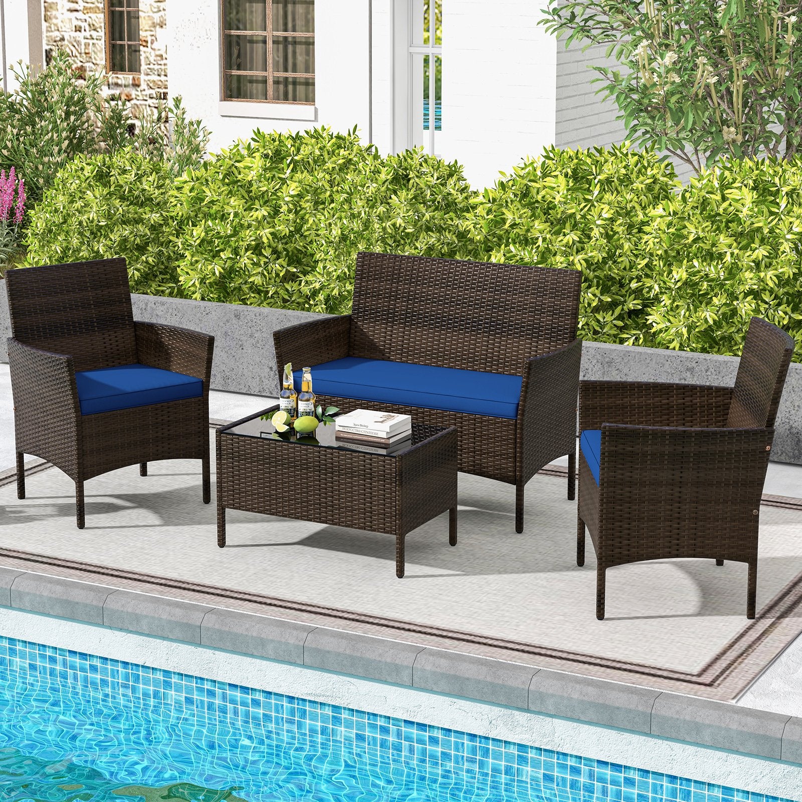 4 Piece Patio Rattan Conversation Set with Cozy Seat Cushions, Navy Patio Conversation Sets   at Gallery Canada