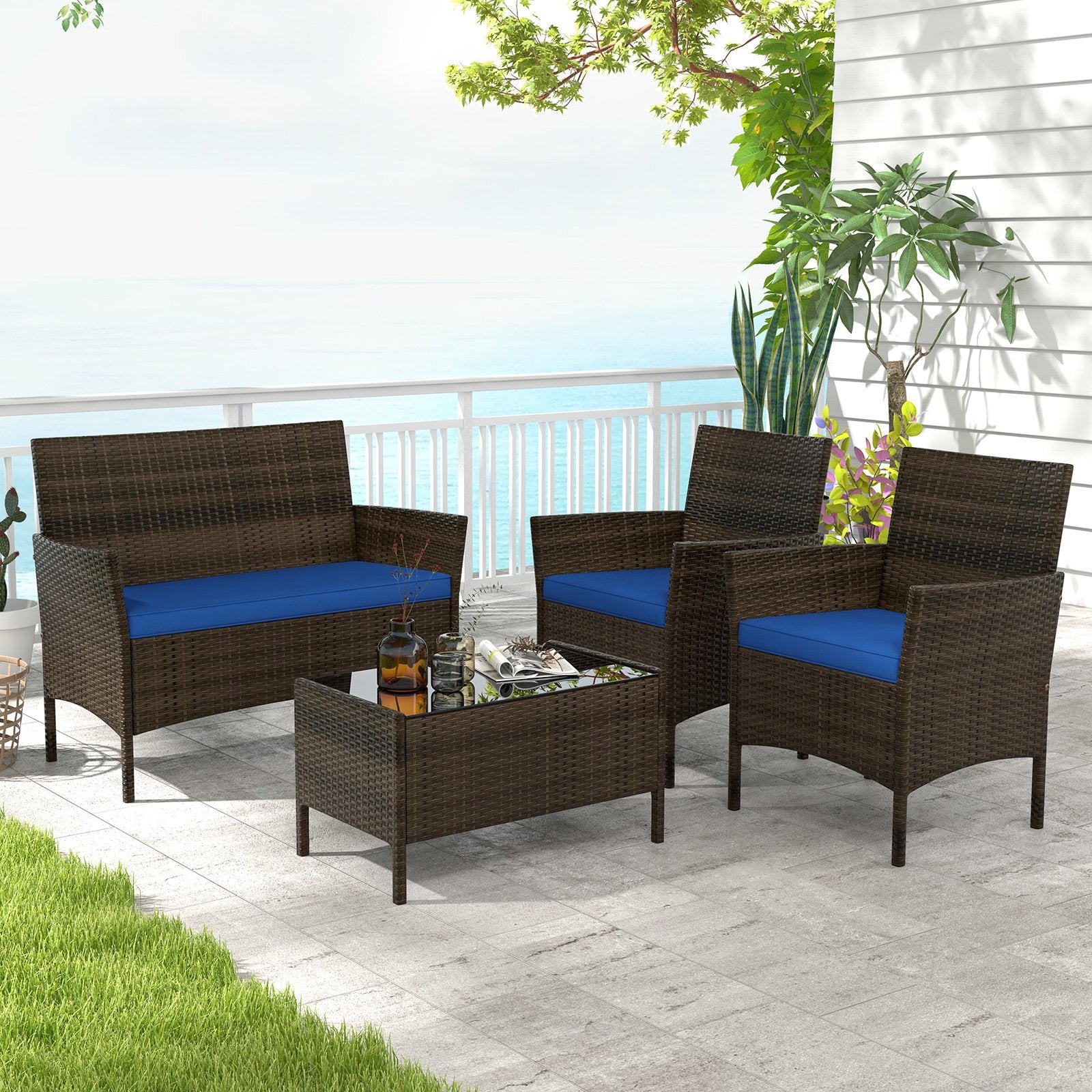 4 Piece Patio Rattan Conversation Set with Cozy Seat Cushions, Navy Patio Conversation Sets   at Gallery Canada