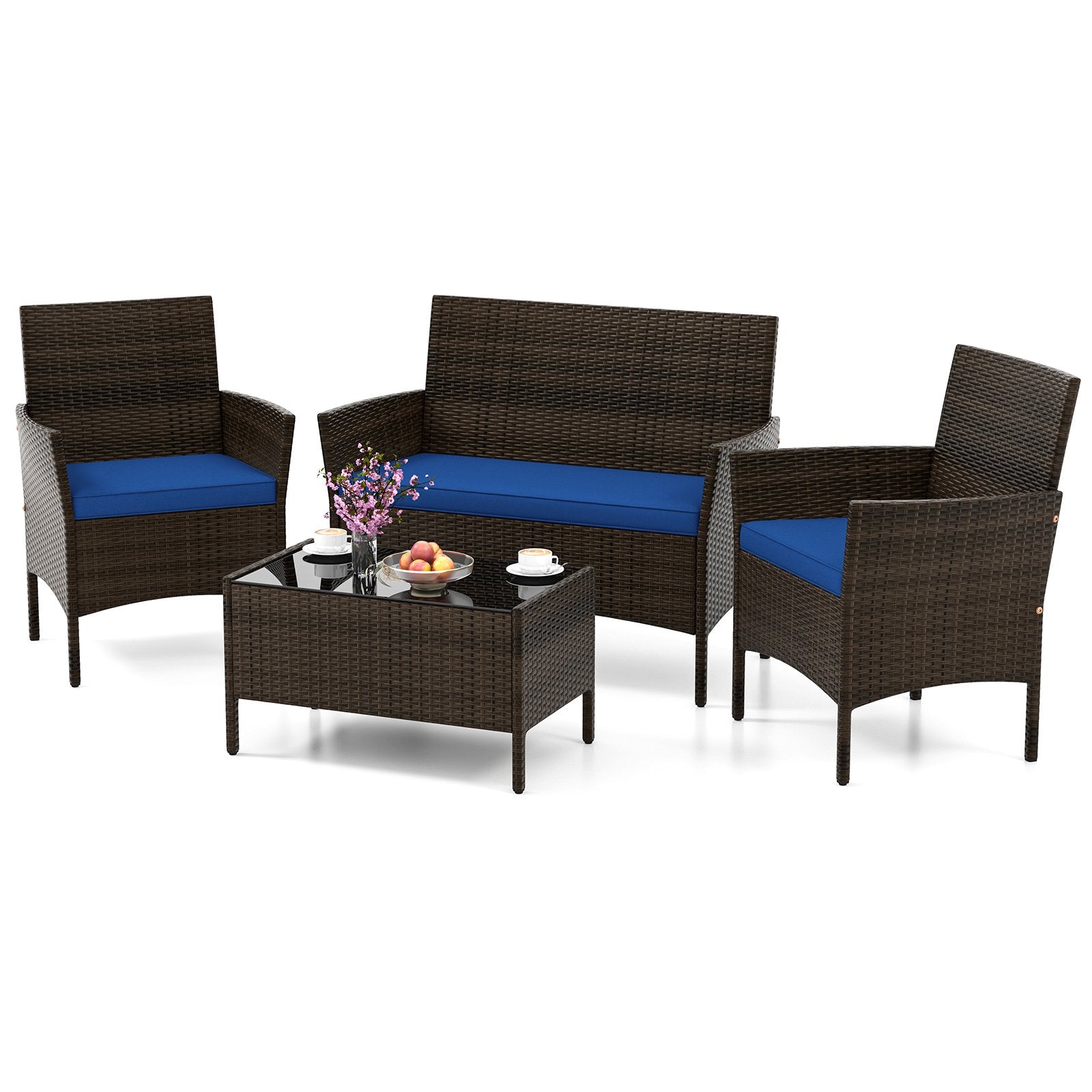 4 Piece Patio Rattan Conversation Set with Cozy Seat Cushions, Navy Patio Conversation Sets   at Gallery Canada