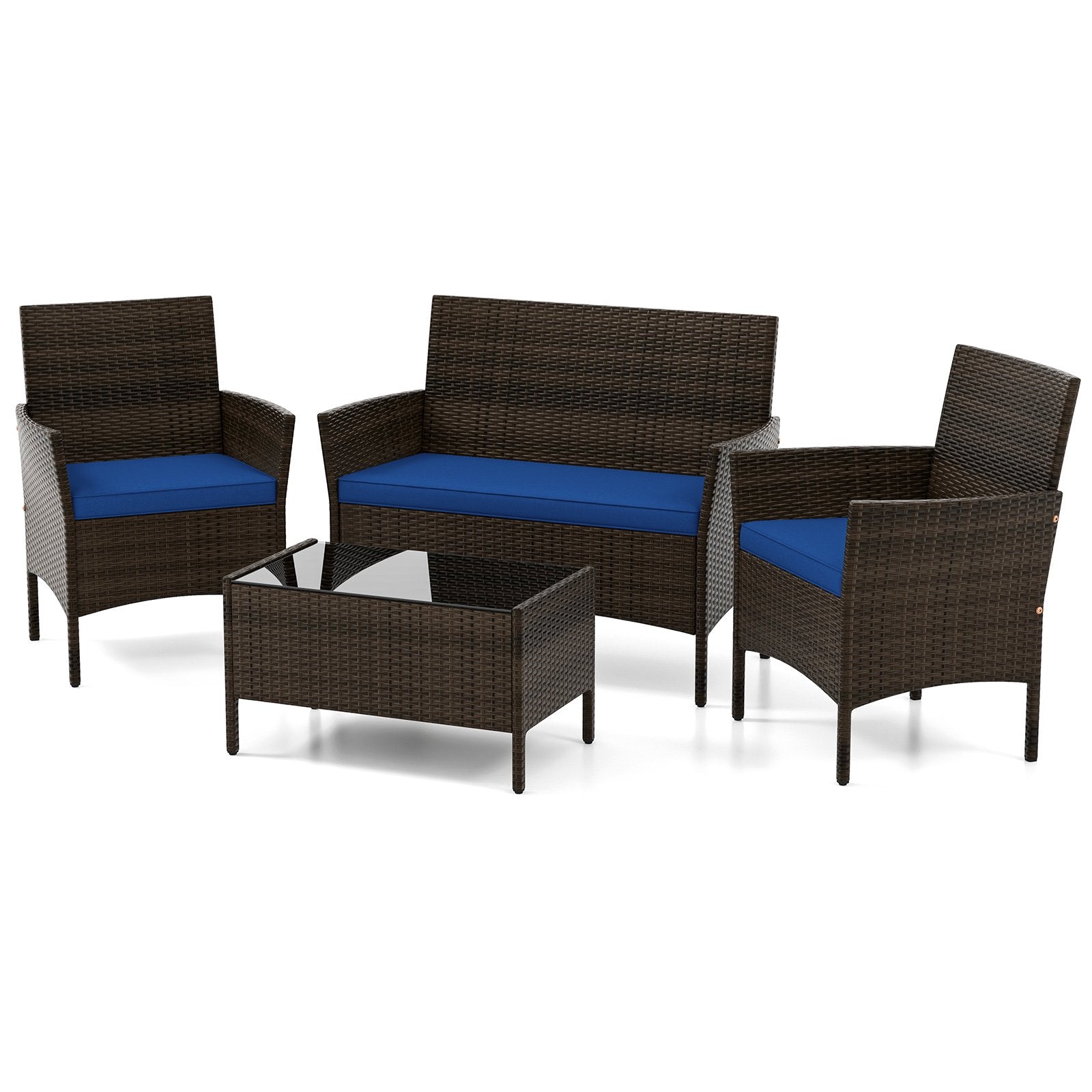 4 Piece Patio Rattan Conversation Set with Cozy Seat Cushions, Navy Patio Conversation Sets   at Gallery Canada