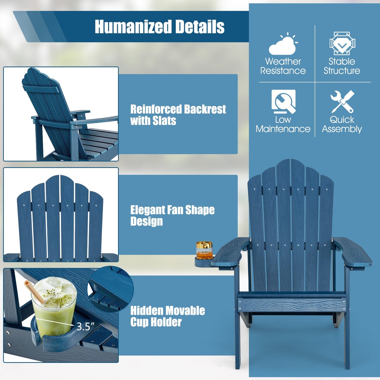 Weather Resistant HIPS Outdoor Adirondack Chair with Cup Holder, Navy Adirondack Chairs   at Gallery Canada