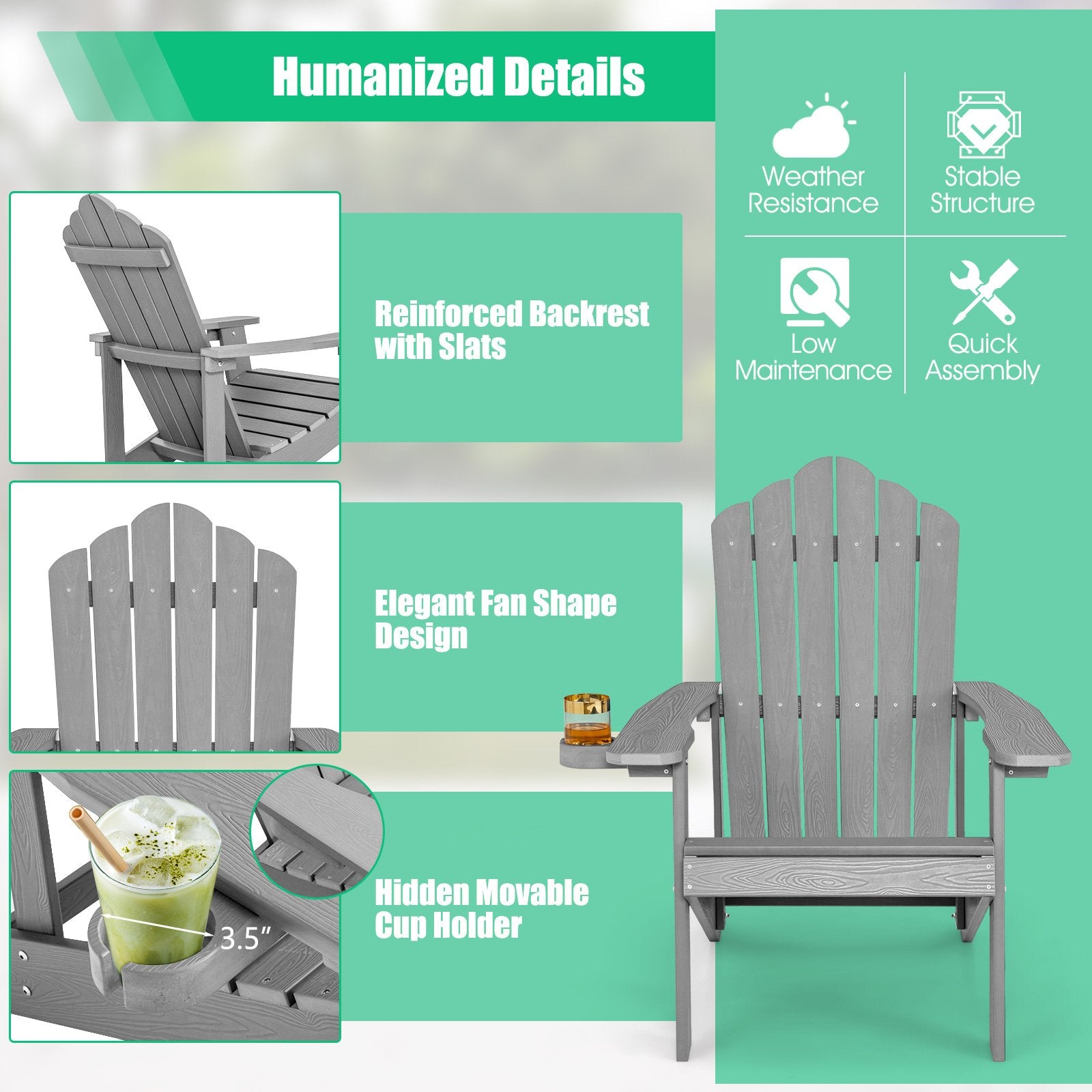 Weather Resistant HIPS Outdoor Adirondack Chair with Cup Holder, Gray Adirondack Chairs   at Gallery Canada