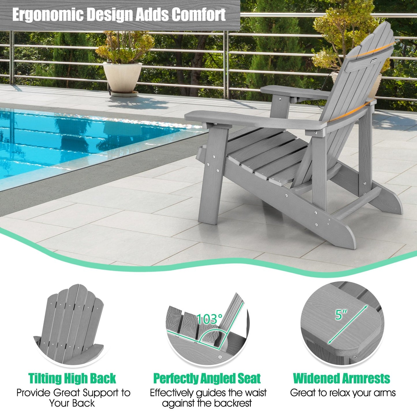 Weather Resistant HIPS Outdoor Adirondack Chair with Cup Holder, Gray - Gallery Canada