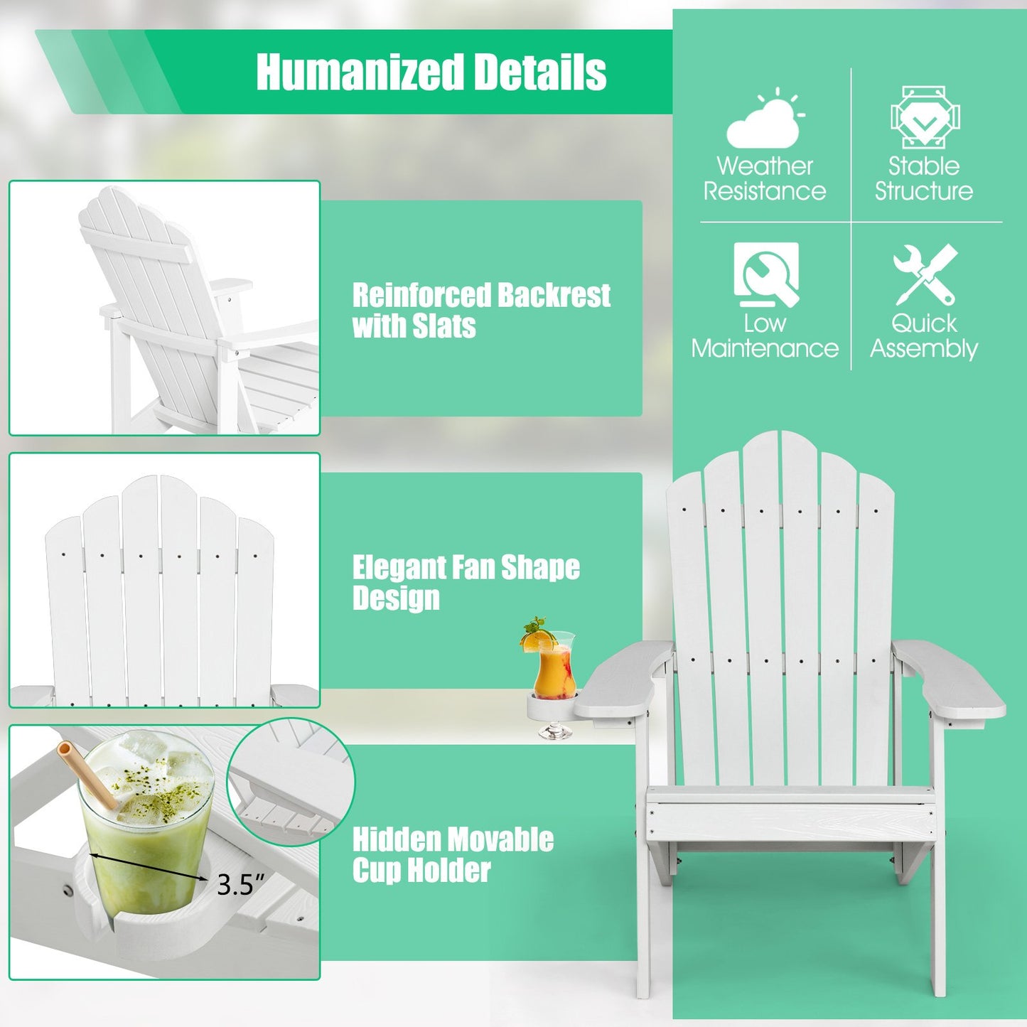 Weather Resistant HIPS Outdoor Adirondack Chair with Cup Holder, White - Gallery Canada