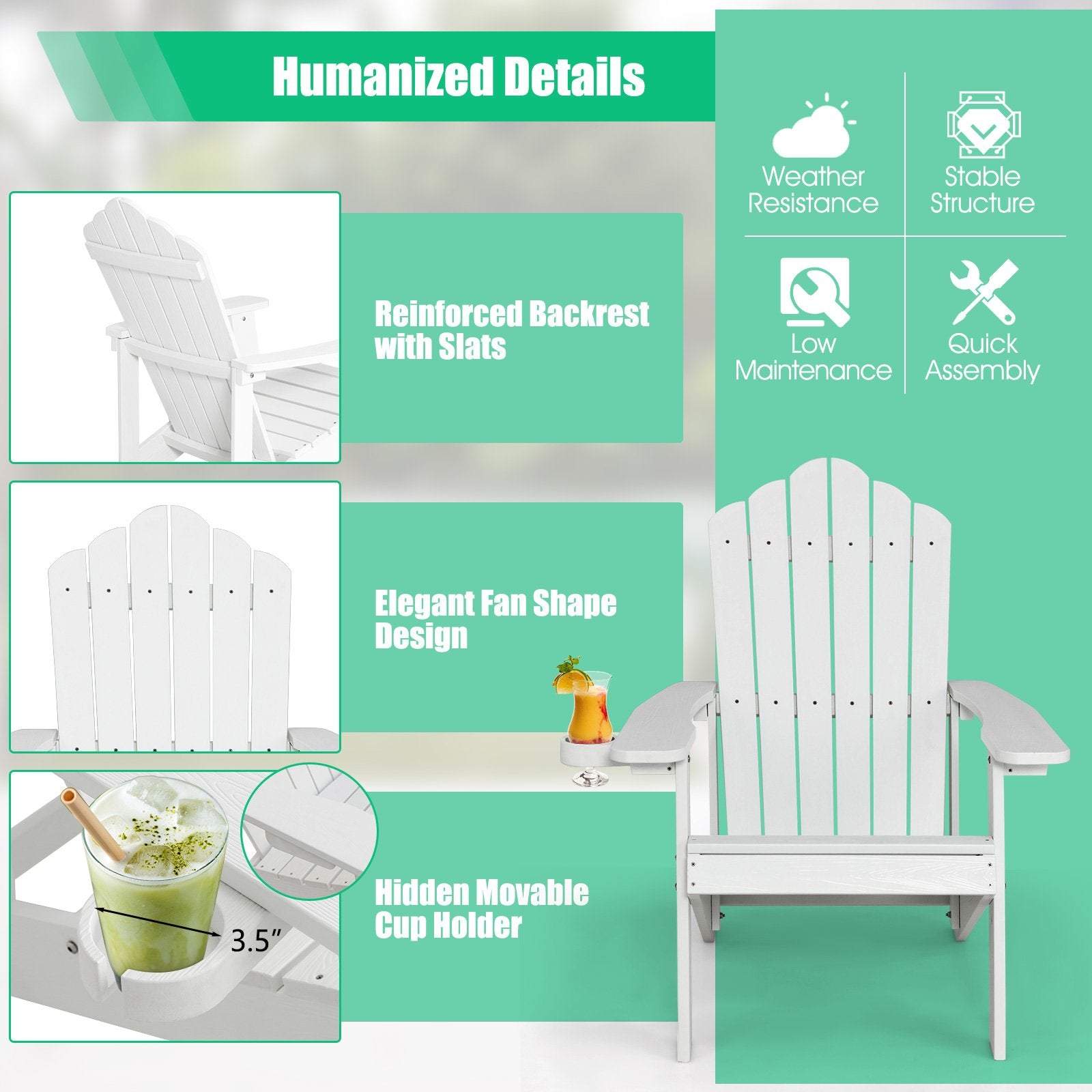 Weather Resistant HIPS Outdoor Adirondack Chair with Cup Holder, White Adirondack Chairs   at Gallery Canada