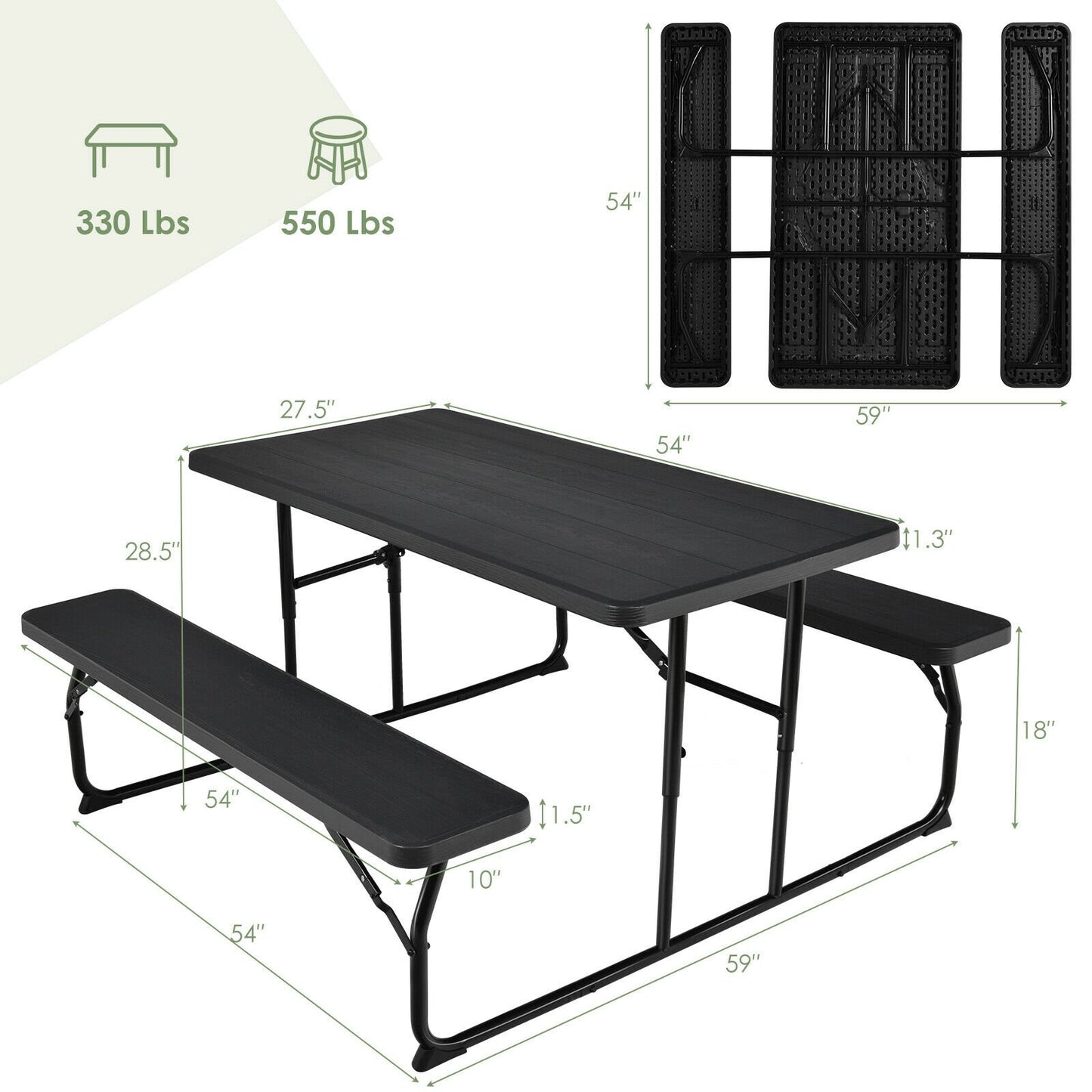 Indoor and Outdoor Folding Picnic Table Bench Set with Wood-like Texture, Black Picnic Tables   at Gallery Canada