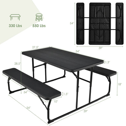 Indoor and Outdoor Folding Picnic Table Bench Set with Wood-like Texture, Black - Gallery Canada