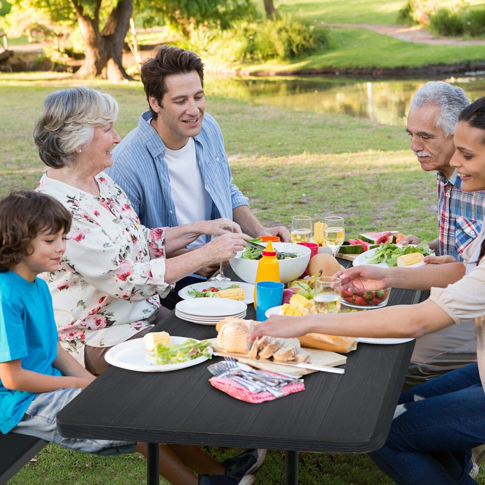 Indoor and Outdoor Folding Picnic Table Bench Set with Wood-like Texture, Black Picnic Tables   at Gallery Canada