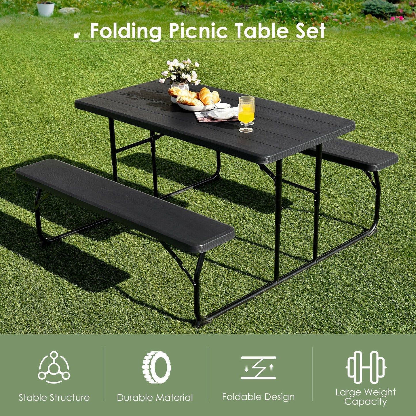 Indoor and Outdoor Folding Picnic Table Bench Set with Wood-like Texture, Black Picnic Tables   at Gallery Canada