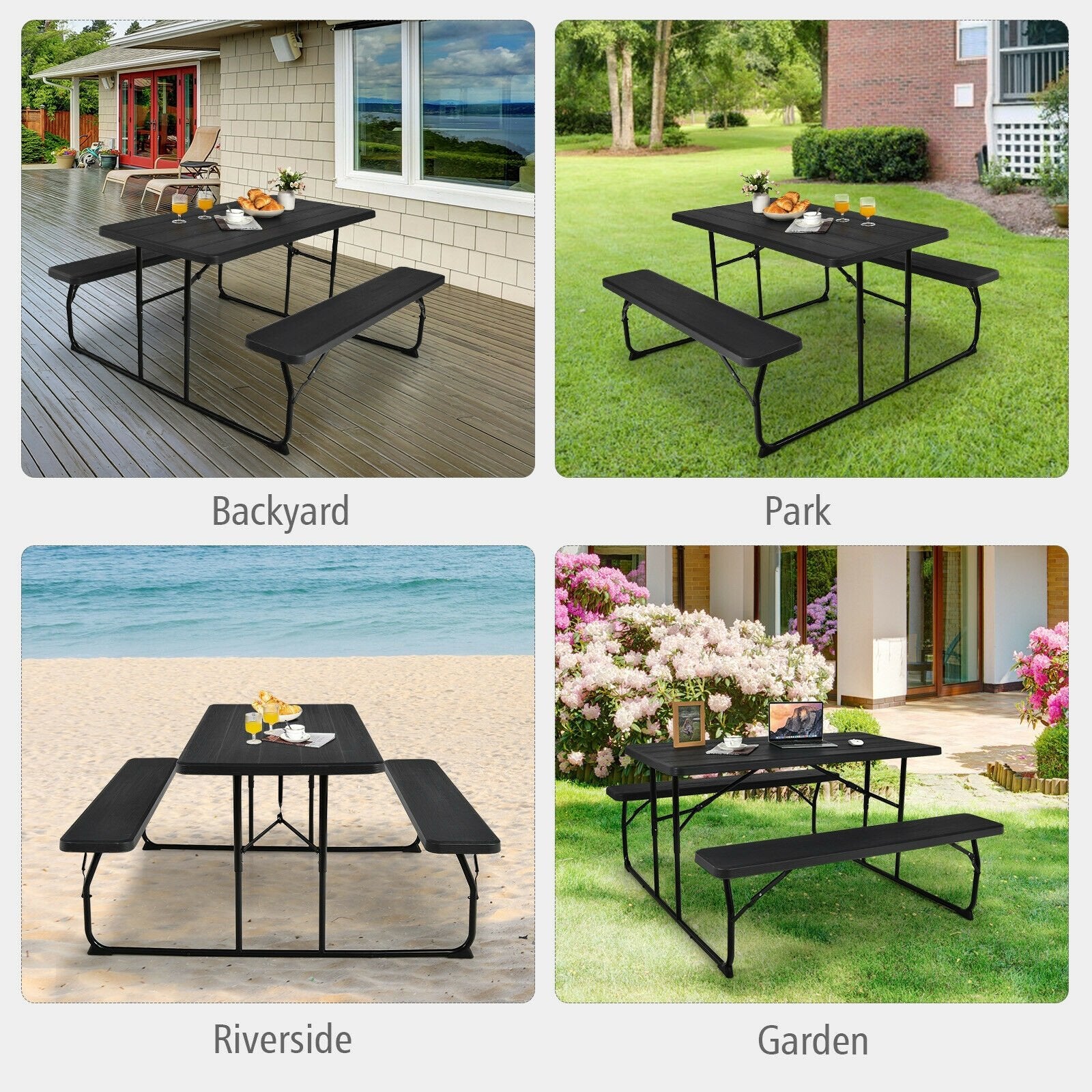 Indoor and Outdoor Folding Picnic Table Bench Set with Wood-like Texture, Black Picnic Tables   at Gallery Canada