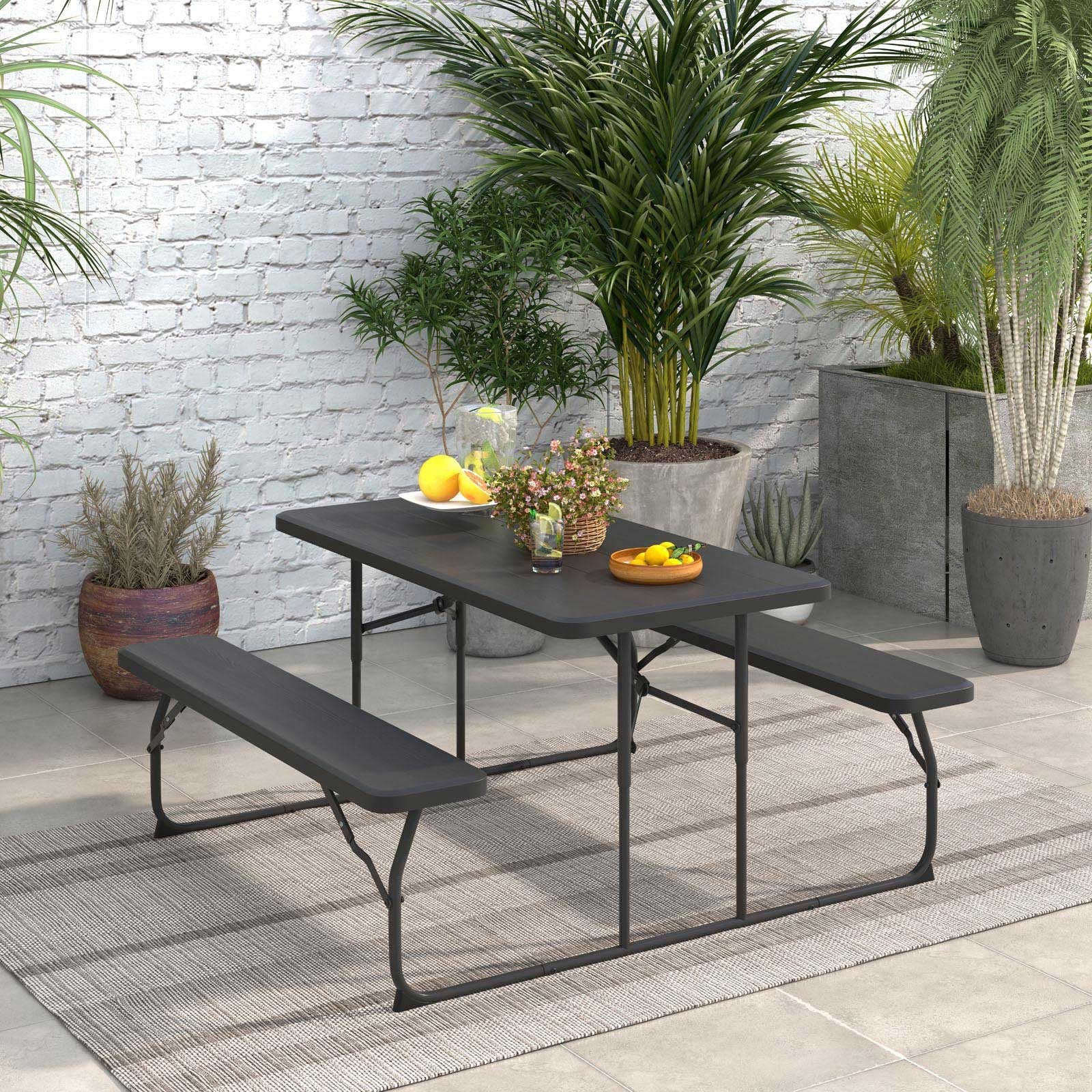 Indoor and Outdoor Folding Picnic Table Bench Set with Wood-like Texture, Black Picnic Tables   at Gallery Canada