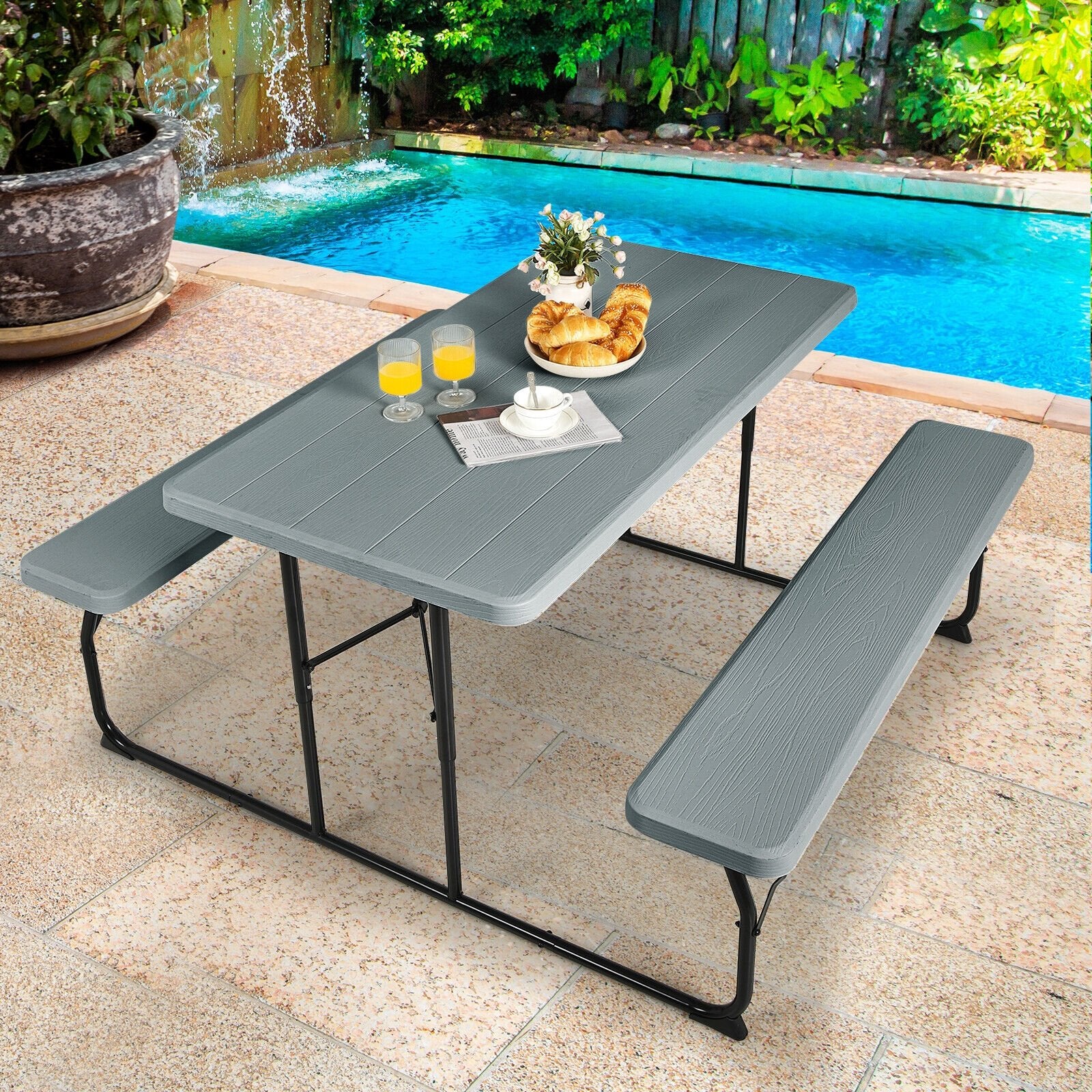 Indoor and Outdoor Folding Picnic Table Bench Set with Wood-like Texture, Gray Picnic Tables   at Gallery Canada