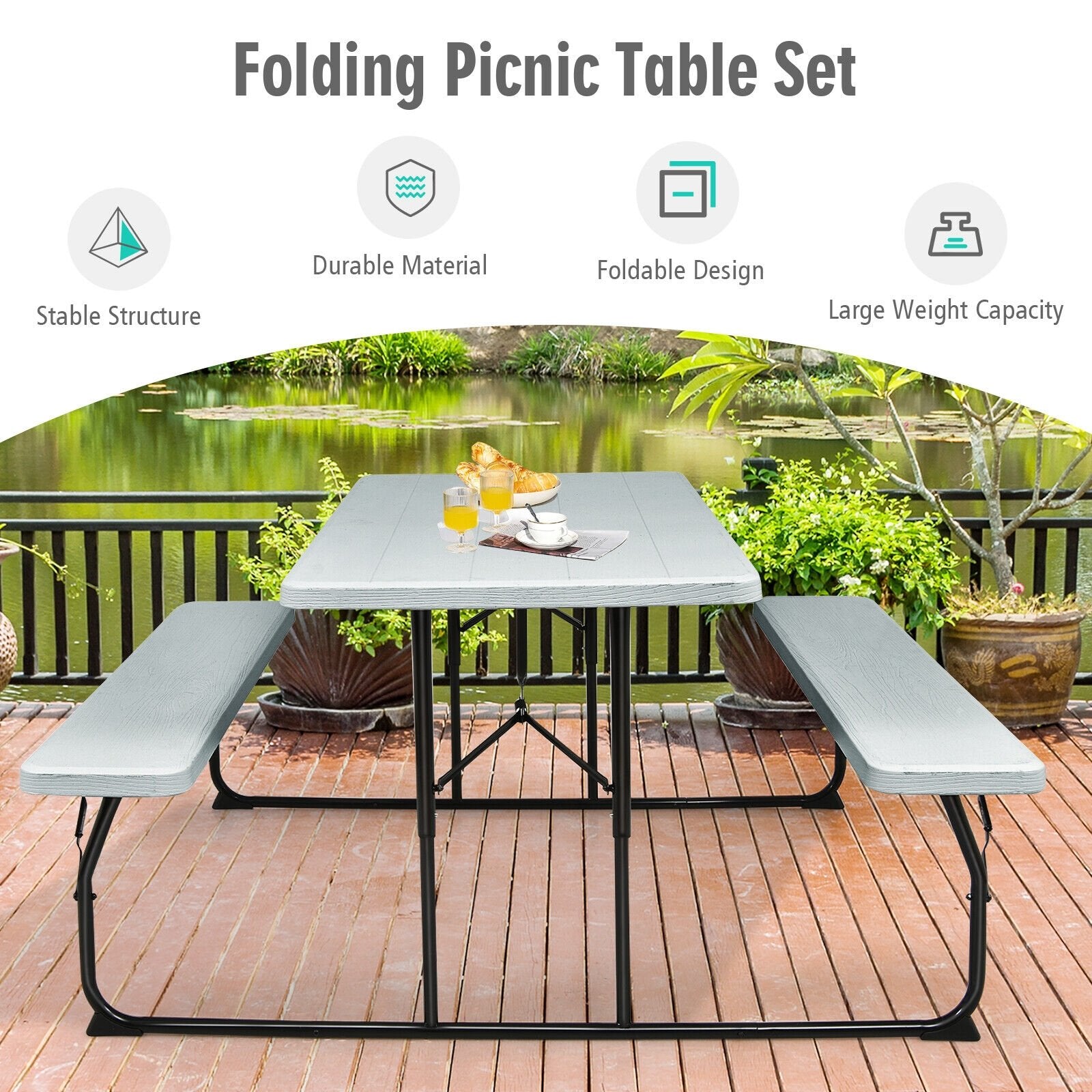 Indoor and Outdoor Folding Picnic Table Bench Set with Wood-like Texture, Gray Picnic Tables   at Gallery Canada