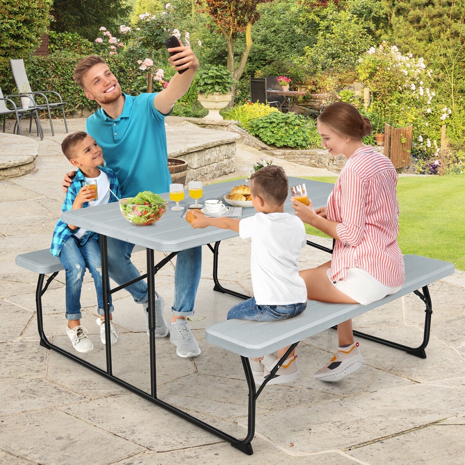 Indoor and Outdoor Folding Picnic Table Bench Set with Wood-like Texture, Gray Picnic Tables   at Gallery Canada