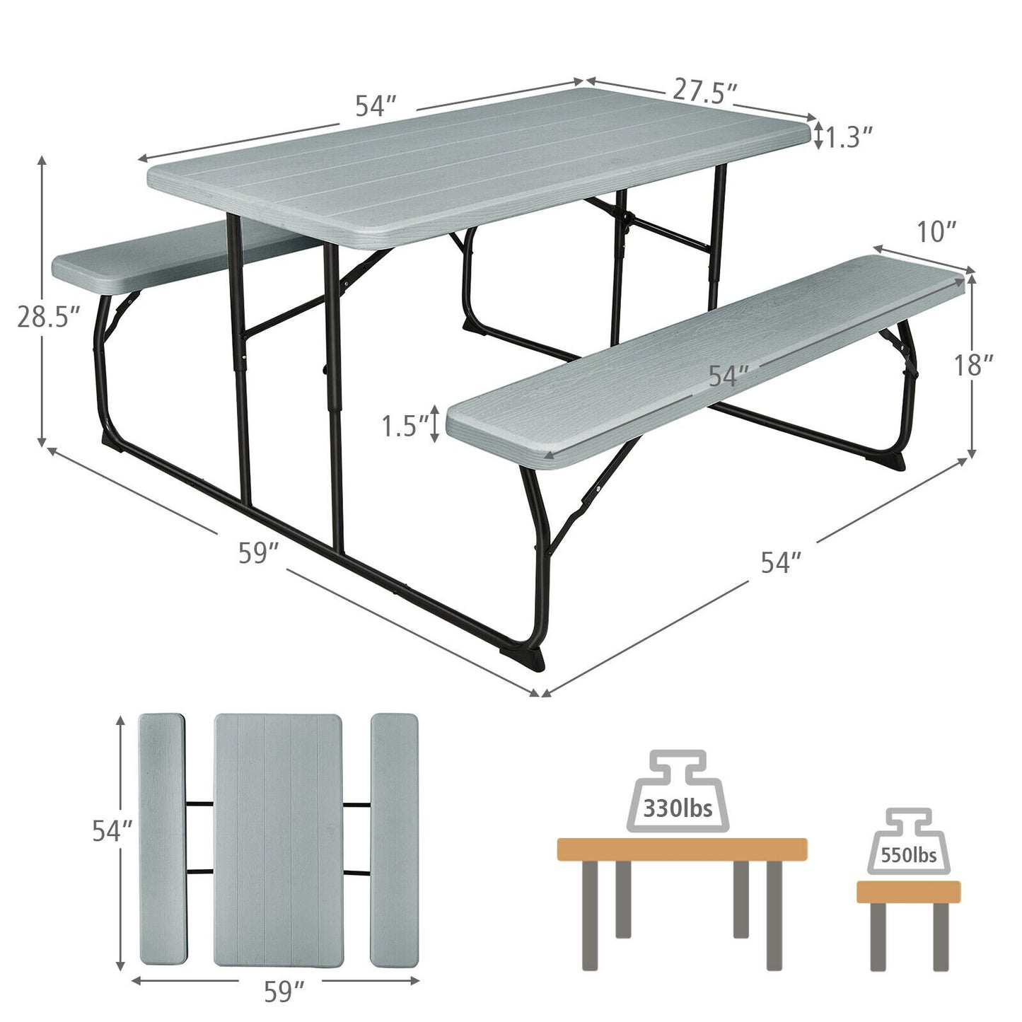 Indoor and Outdoor Folding Picnic Table Bench Set with Wood-like Texture, Gray Picnic Tables   at Gallery Canada