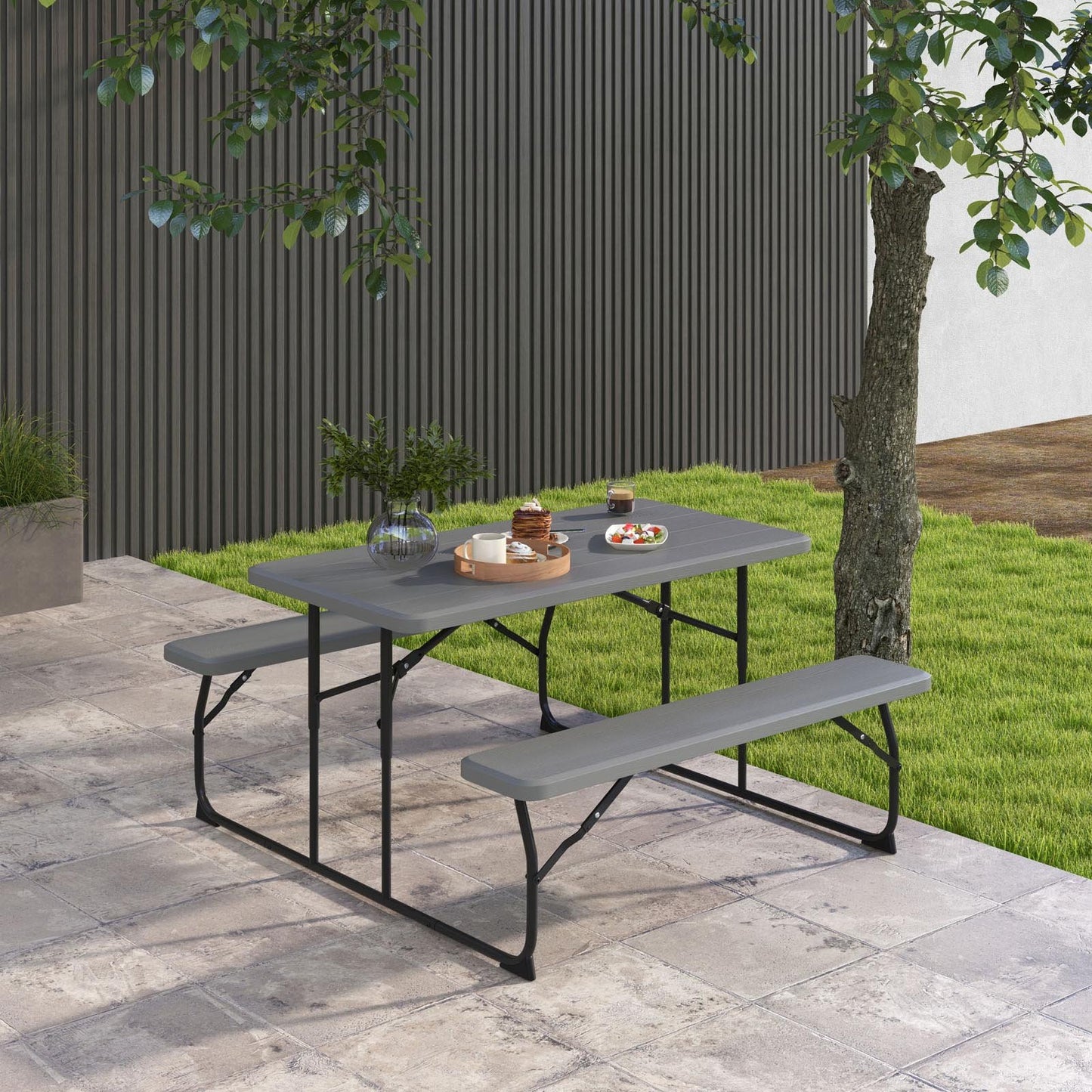 Indoor and Outdoor Folding Picnic Table Bench Set with Wood-like Texture, Gray Picnic Tables   at Gallery Canada