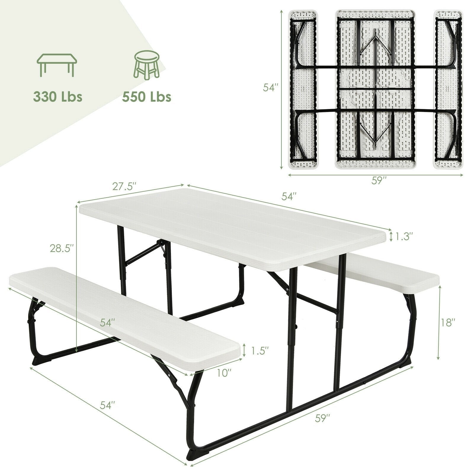 Indoor and Outdoor Folding Picnic Table Bench Set with Wood-like Texture, White Picnic Tables   at Gallery Canada