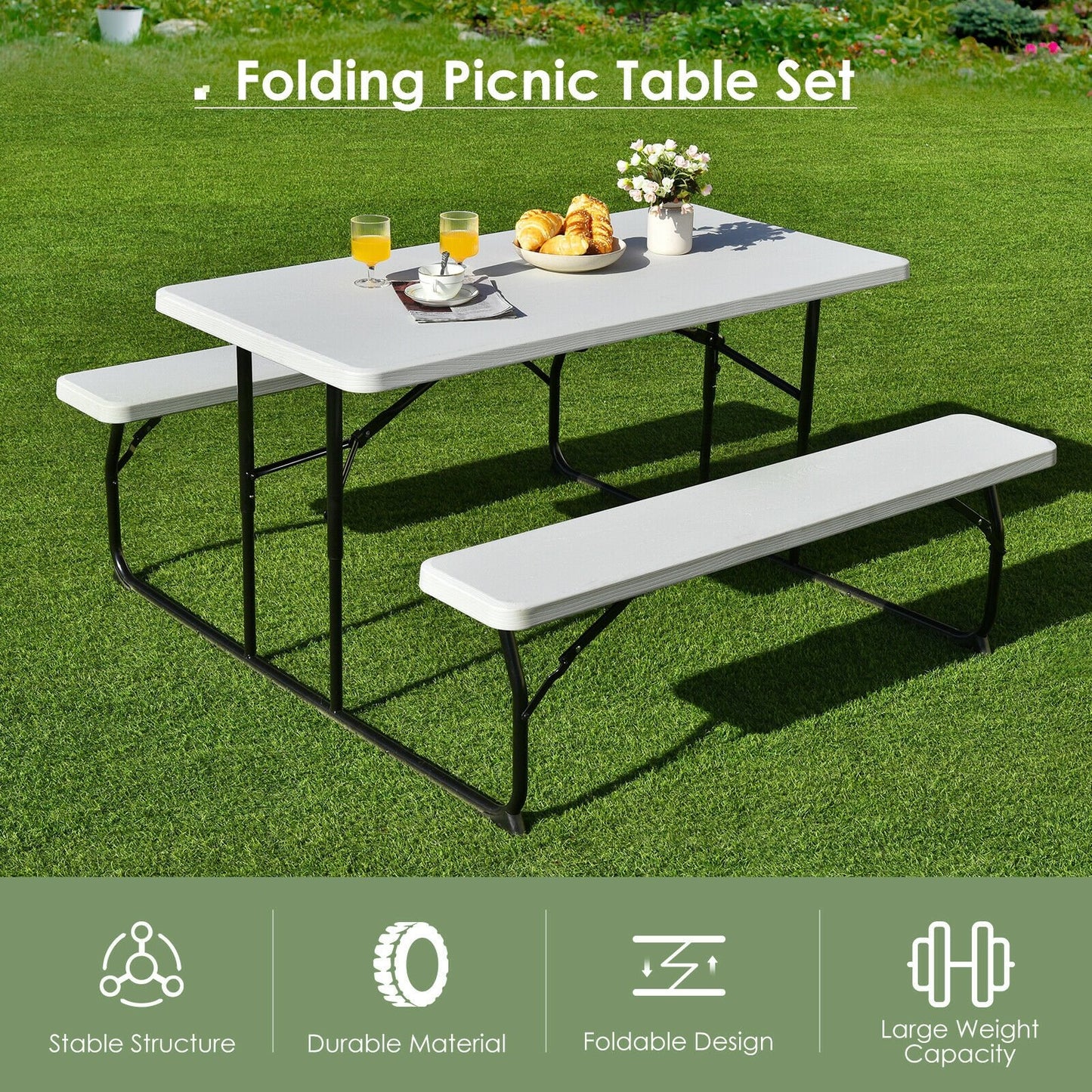 Indoor and Outdoor Folding Picnic Table Bench Set with Wood-like Texture, White Picnic Tables   at Gallery Canada