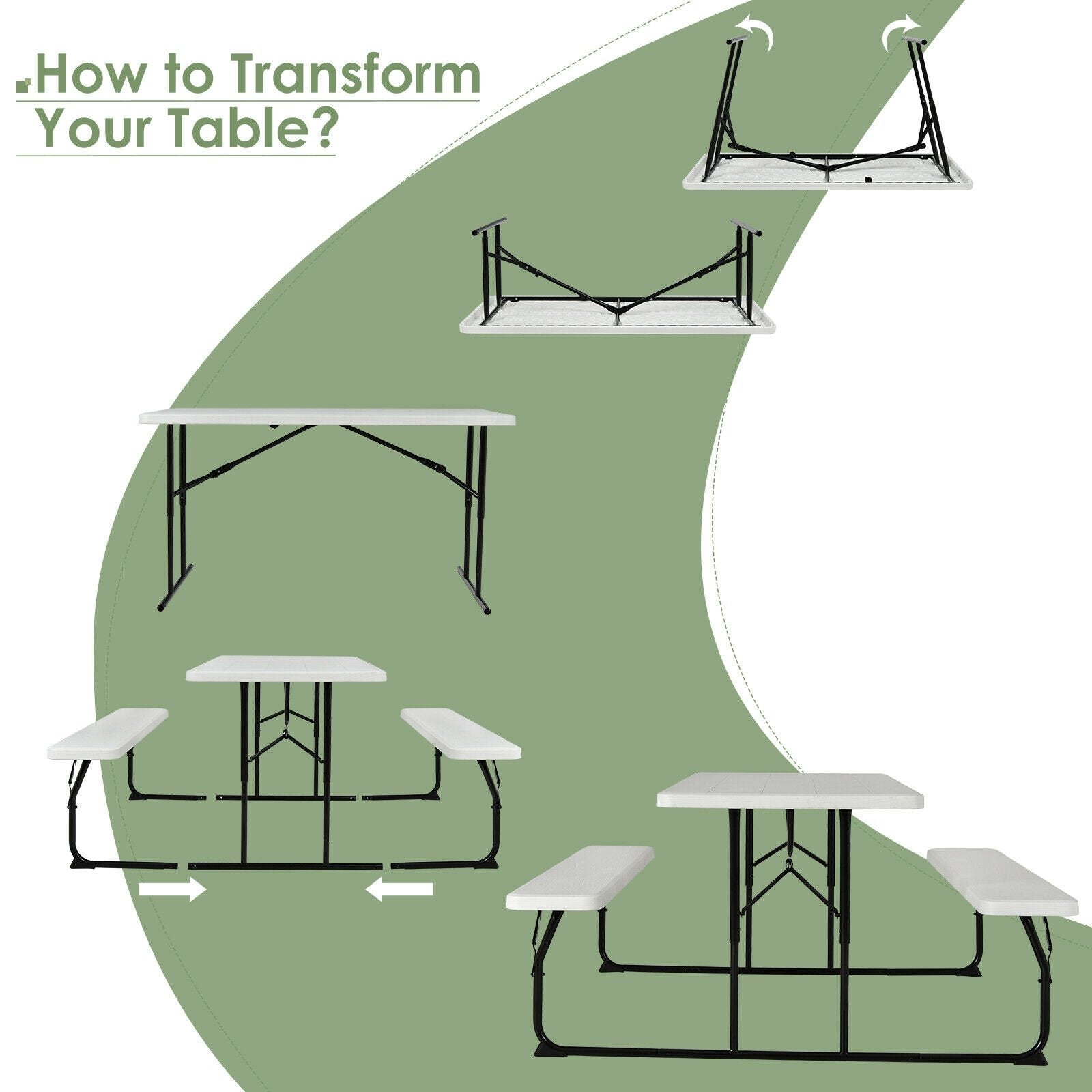 Indoor and Outdoor Folding Picnic Table Bench Set with Wood-like Texture, White Picnic Tables   at Gallery Canada