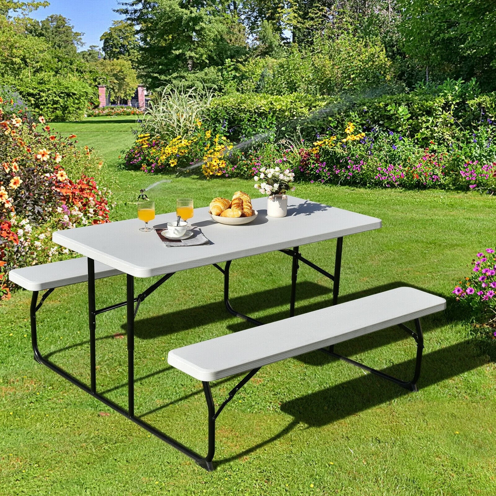 Indoor and Outdoor Folding Picnic Table Bench Set with Wood-like Texture, White Picnic Tables   at Gallery Canada