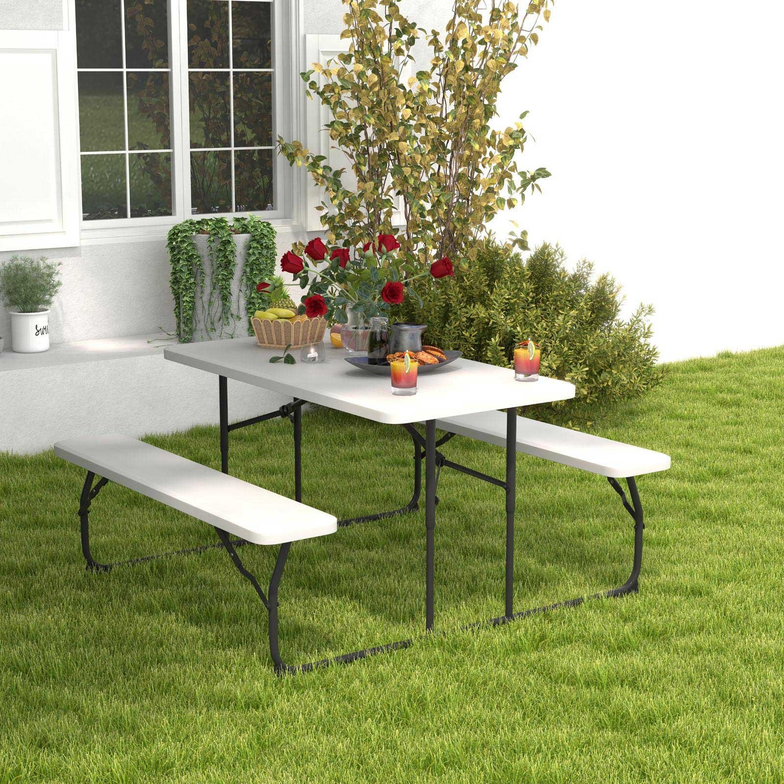 Indoor and Outdoor Folding Picnic Table Bench Set with Wood-like Texture, White Picnic Tables   at Gallery Canada